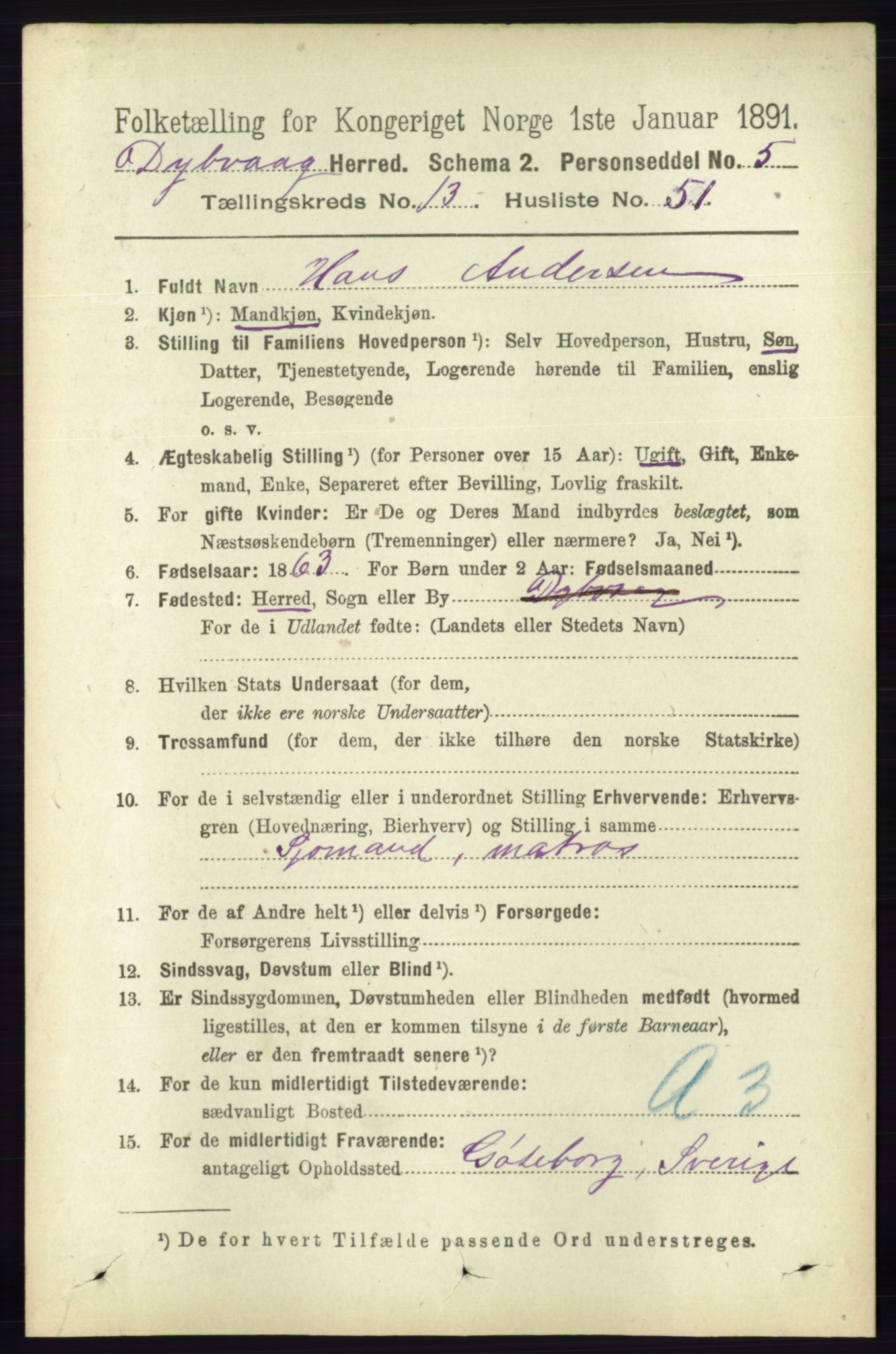 RA, 1891 census for 0915 Dypvåg, 1891, p. 5602