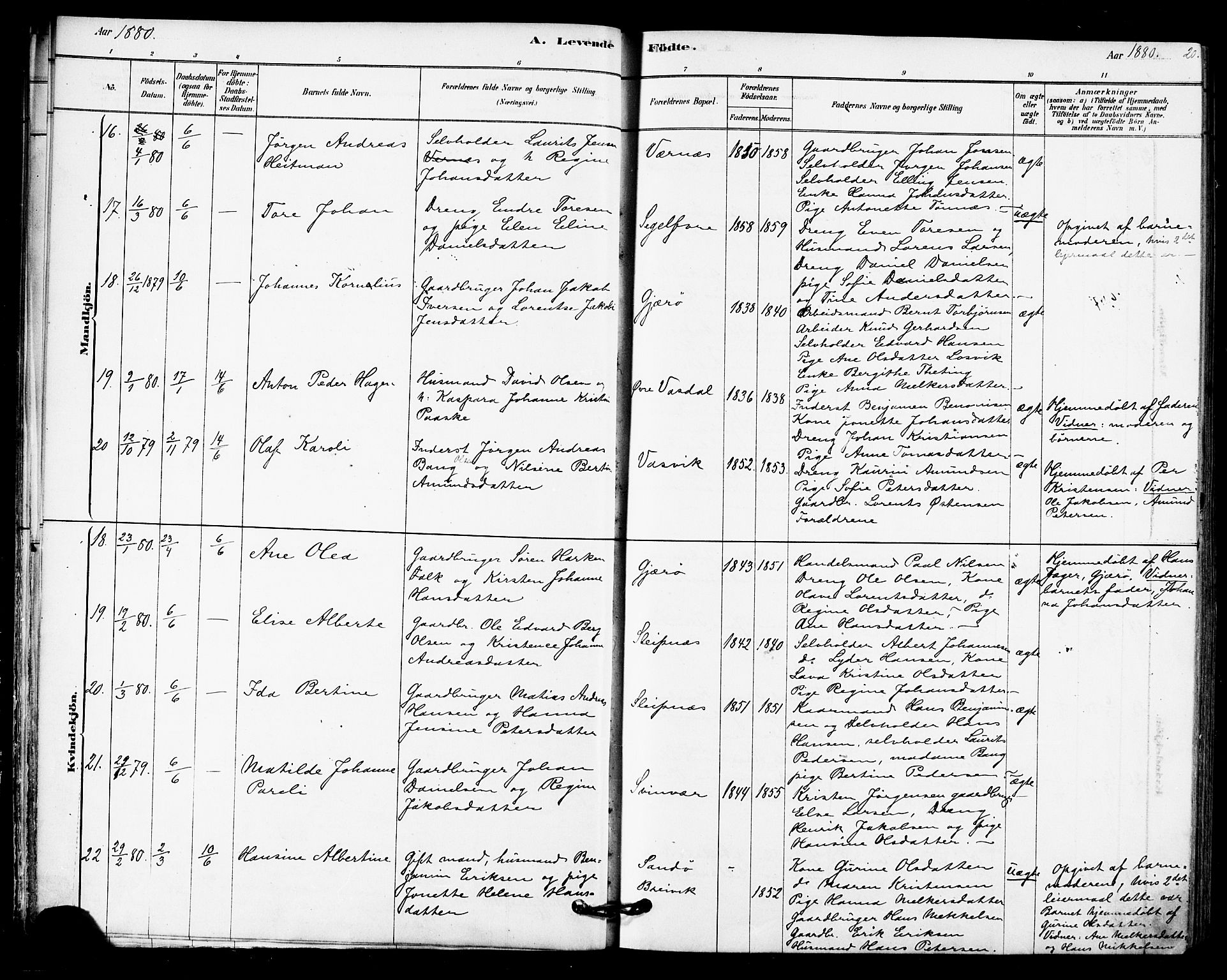 Ministerialprotokoller, klokkerbøker og fødselsregistre - Nordland, AV/SAT-A-1459/841/L0609: Parish register (official) no. 841A12, 1878-1901, p. 20