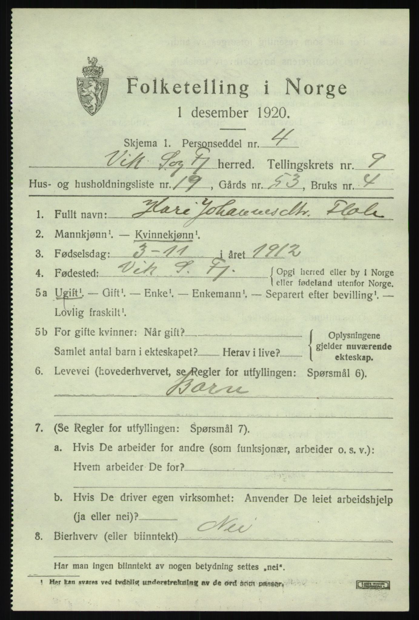 SAB, 1920 census for Vik, 1920, p. 5739