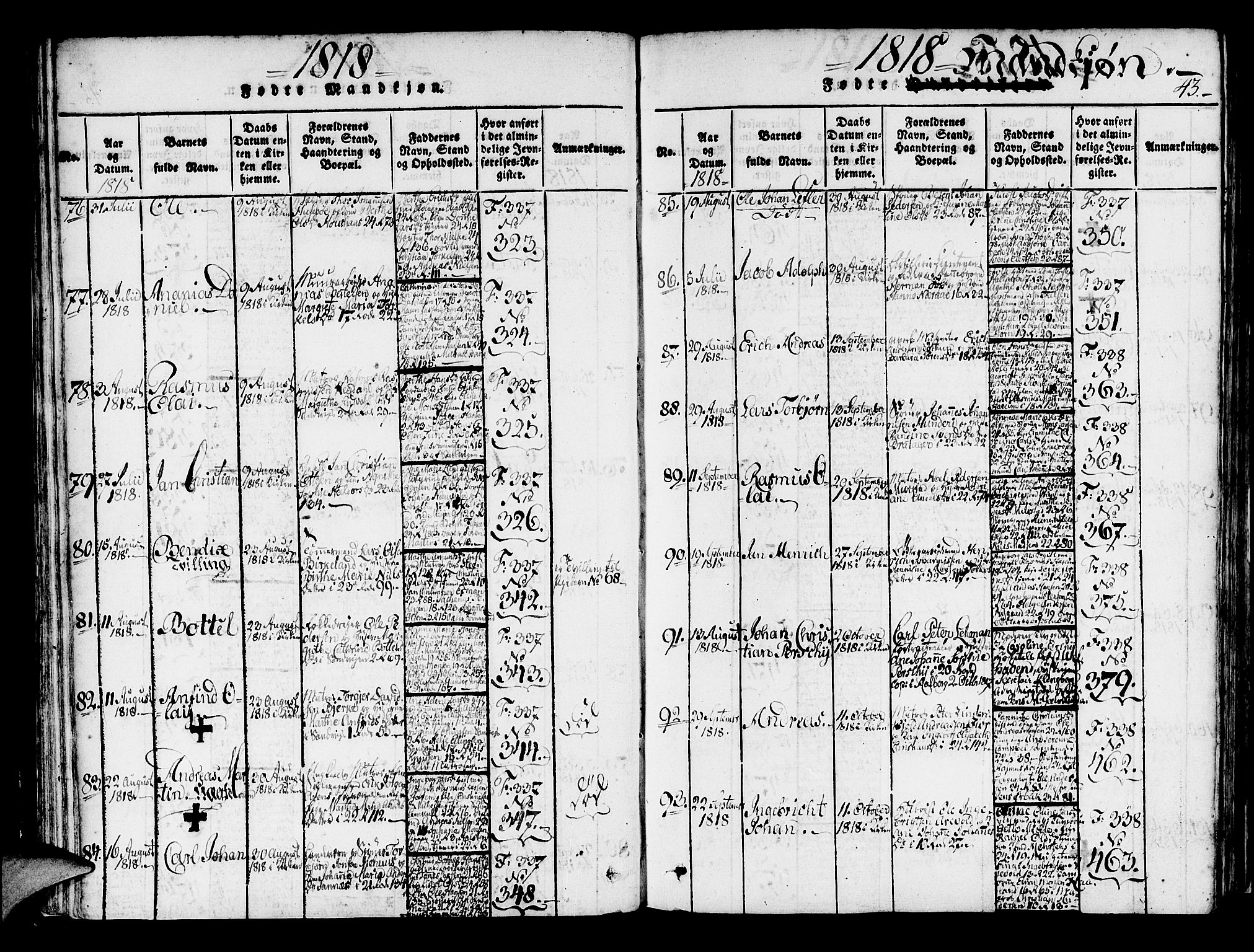 Korskirken sokneprestembete, AV/SAB-A-76101/H/Haa/L0013: Parish register (official) no. A 13, 1815-1822, p. 43
