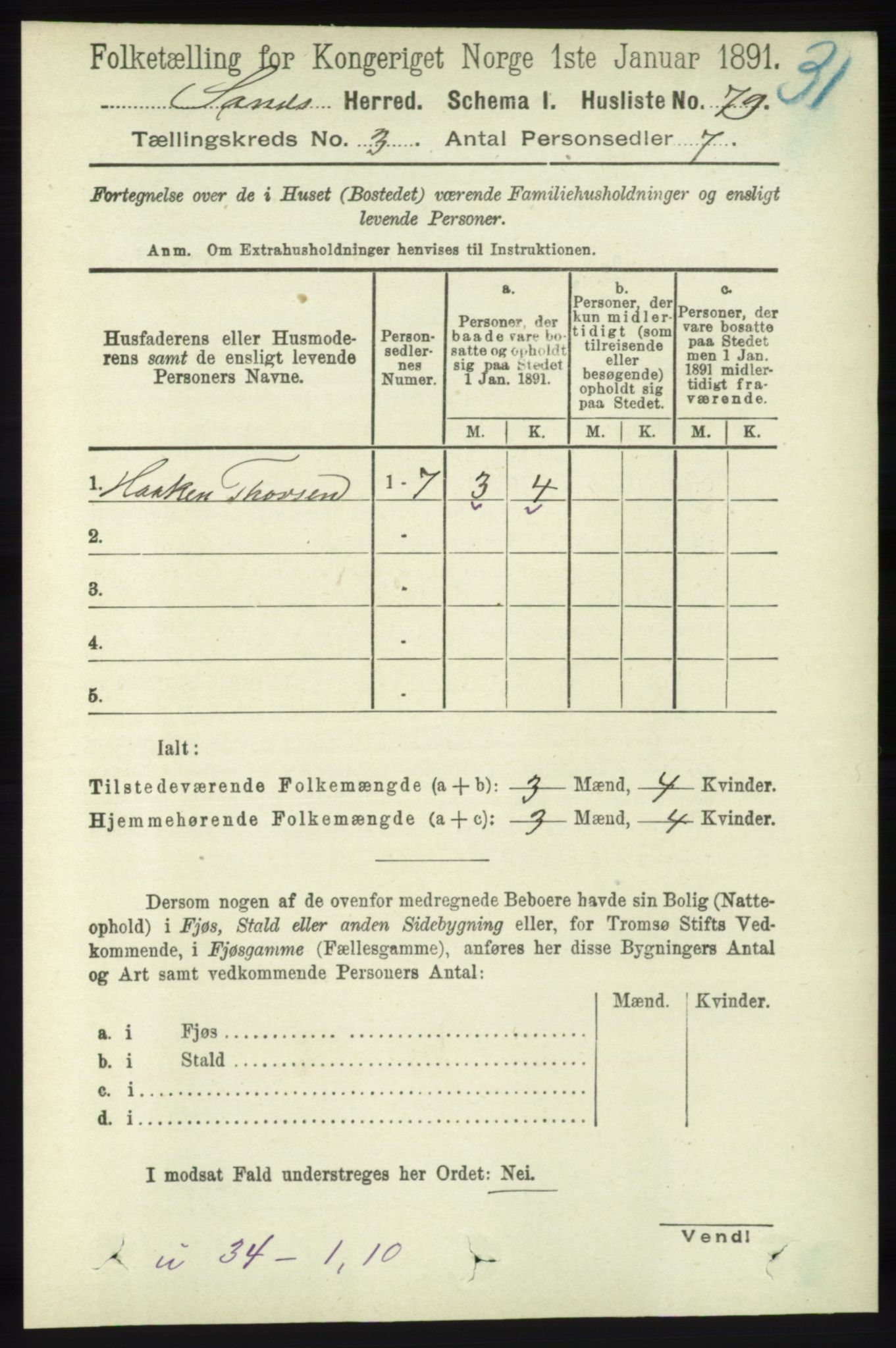 RA, 1891 census for 1136 Sand, 1891, p. 656