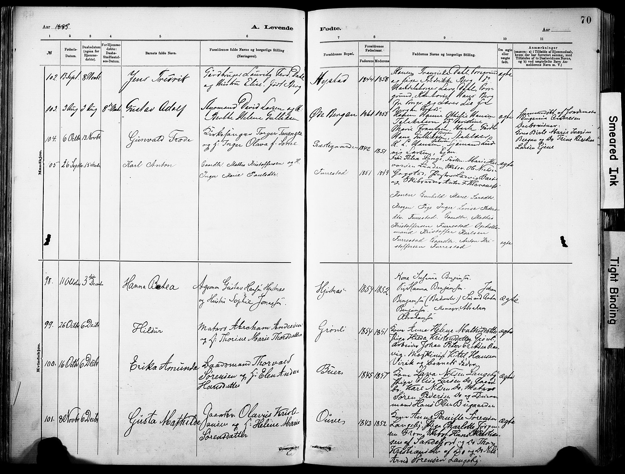 Sandar kirkebøker, SAKO/A-243/F/Fa/L0012: Parish register (official) no. 12, 1883-1895, p. 70