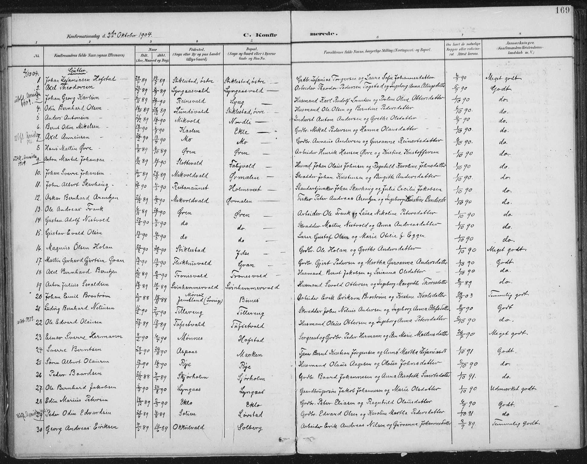 Ministerialprotokoller, klokkerbøker og fødselsregistre - Nord-Trøndelag, AV/SAT-A-1458/723/L0246: Parish register (official) no. 723A15, 1900-1917, p. 169