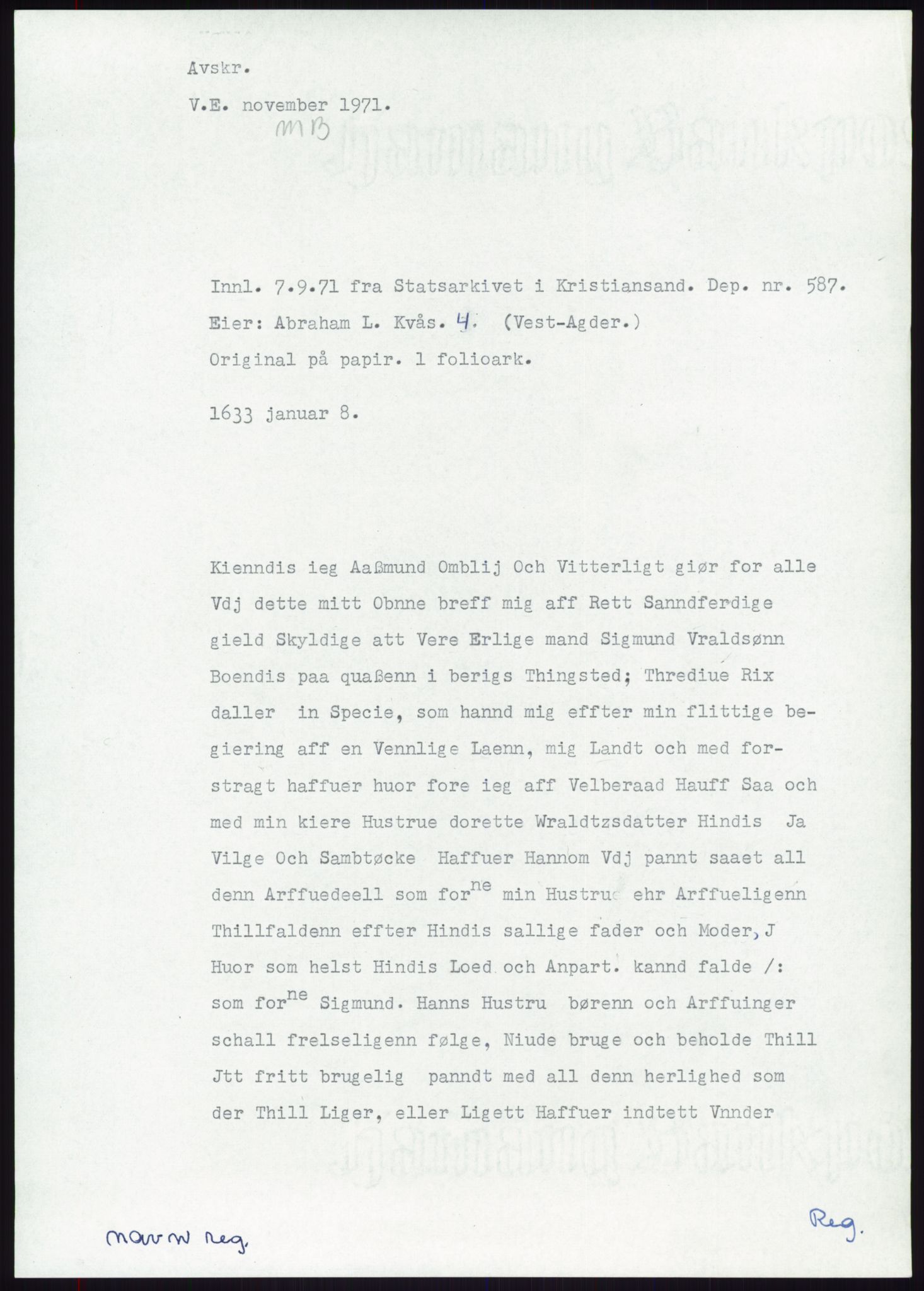 Samlinger til kildeutgivelse, Diplomavskriftsamlingen, RA/EA-4053/H/Ha, p. 1885