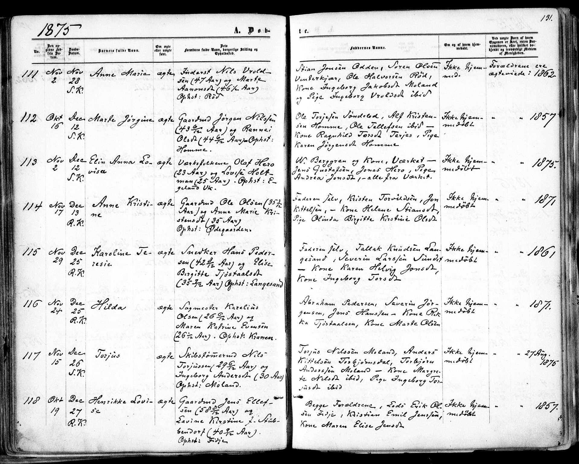 Søndeled sokneprestkontor, AV/SAK-1111-0038/F/Fa/L0003: Parish register (official) no. A 3, 1861-1879, p. 131