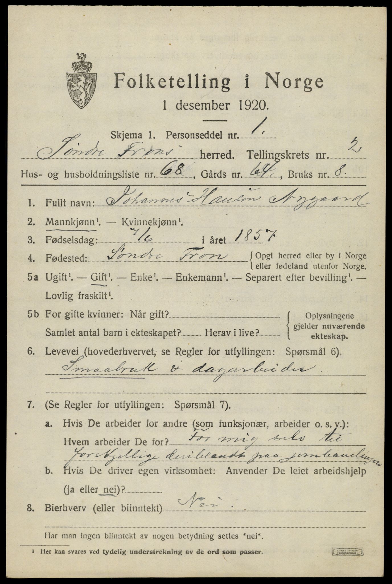 SAH, 1920 census for Sør-Fron, 1920, p. 2711