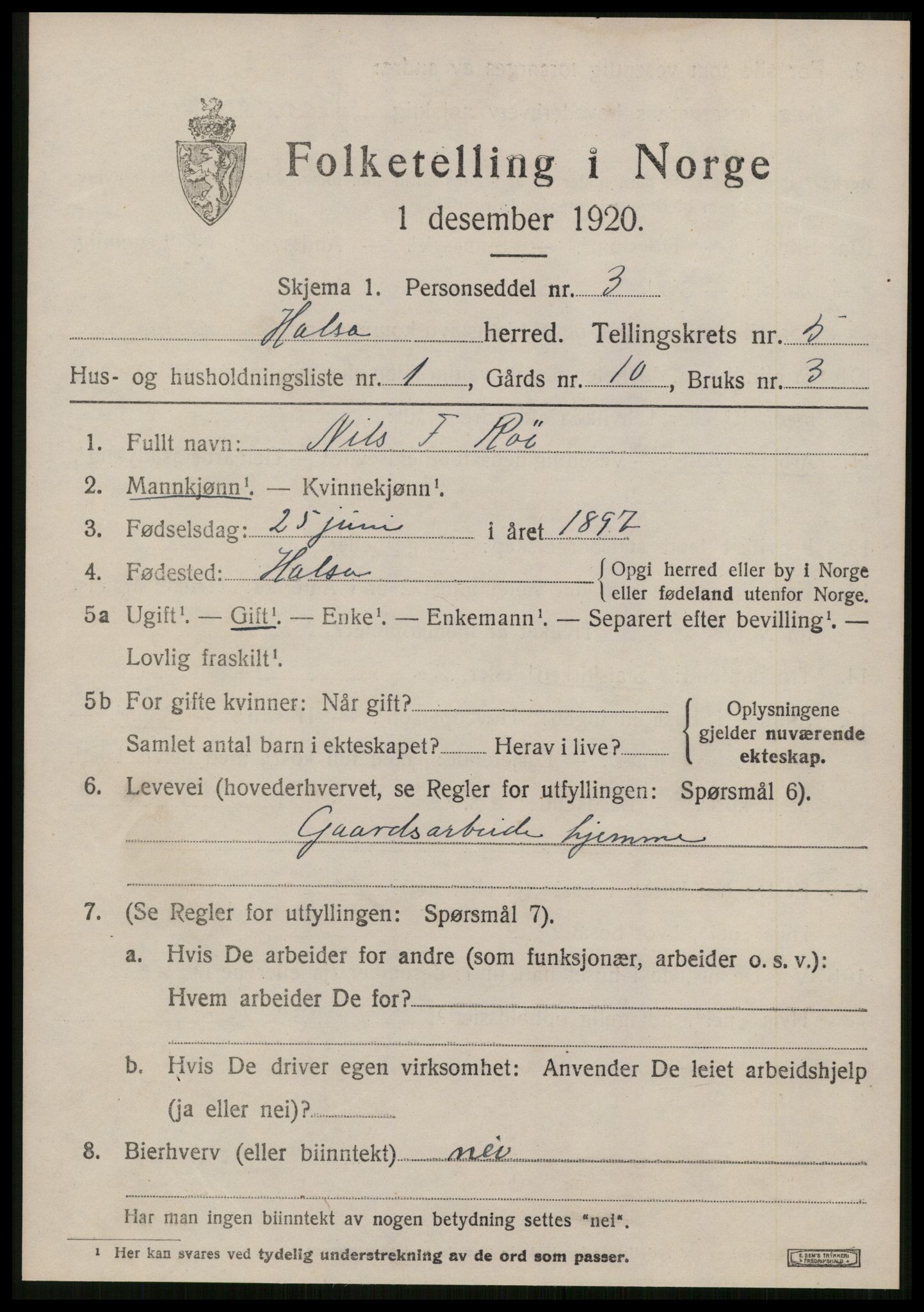 SAT, 1920 census for Halsa, 1920, p. 2009