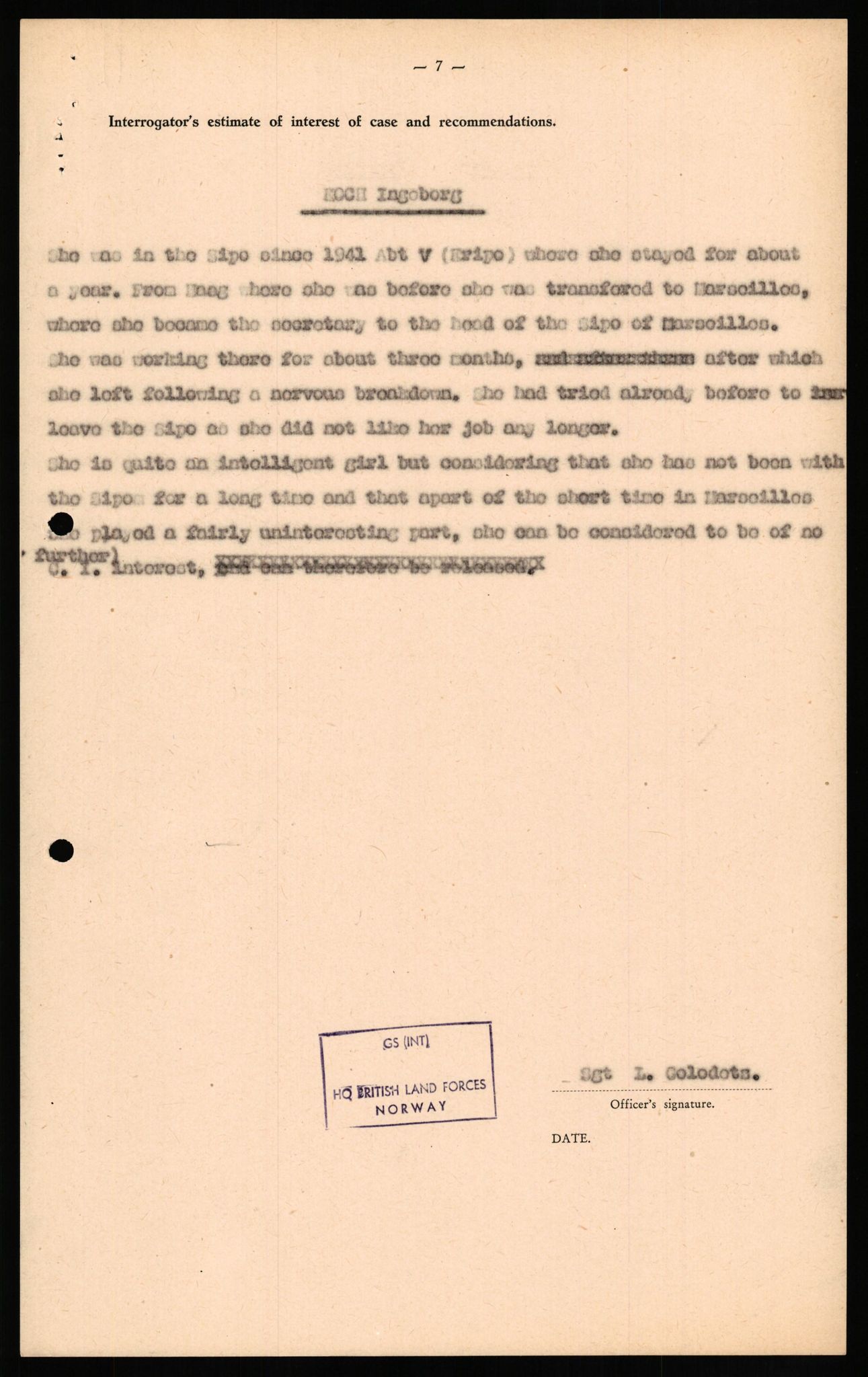 Forsvaret, Forsvarets overkommando II, RA/RAFA-3915/D/Db/L0017: CI Questionaires. Tyske okkupasjonsstyrker i Norge. Tyskere., 1945-1946, p. 335