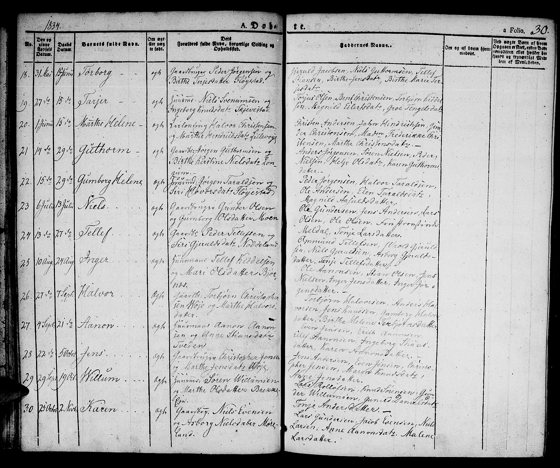 Austre Moland sokneprestkontor, AV/SAK-1111-0001/F/Fa/Faa/L0005: Parish register (official) no. A 5, 1825-1837, p. 30