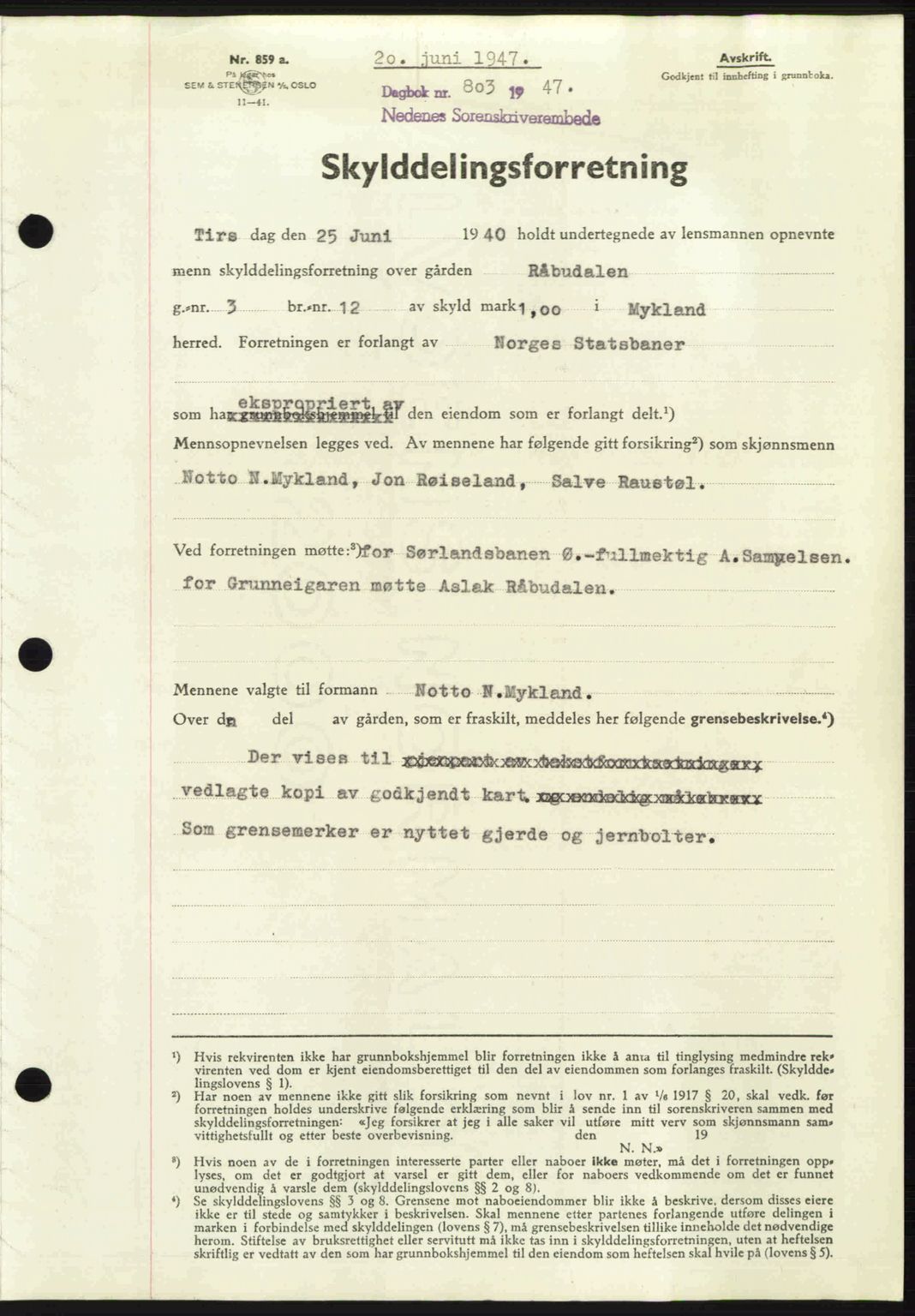 Nedenes sorenskriveri, SAK/1221-0006/G/Gb/Gba/L0057: Mortgage book no. A9, 1947-1947, Diary no: : 803/1947