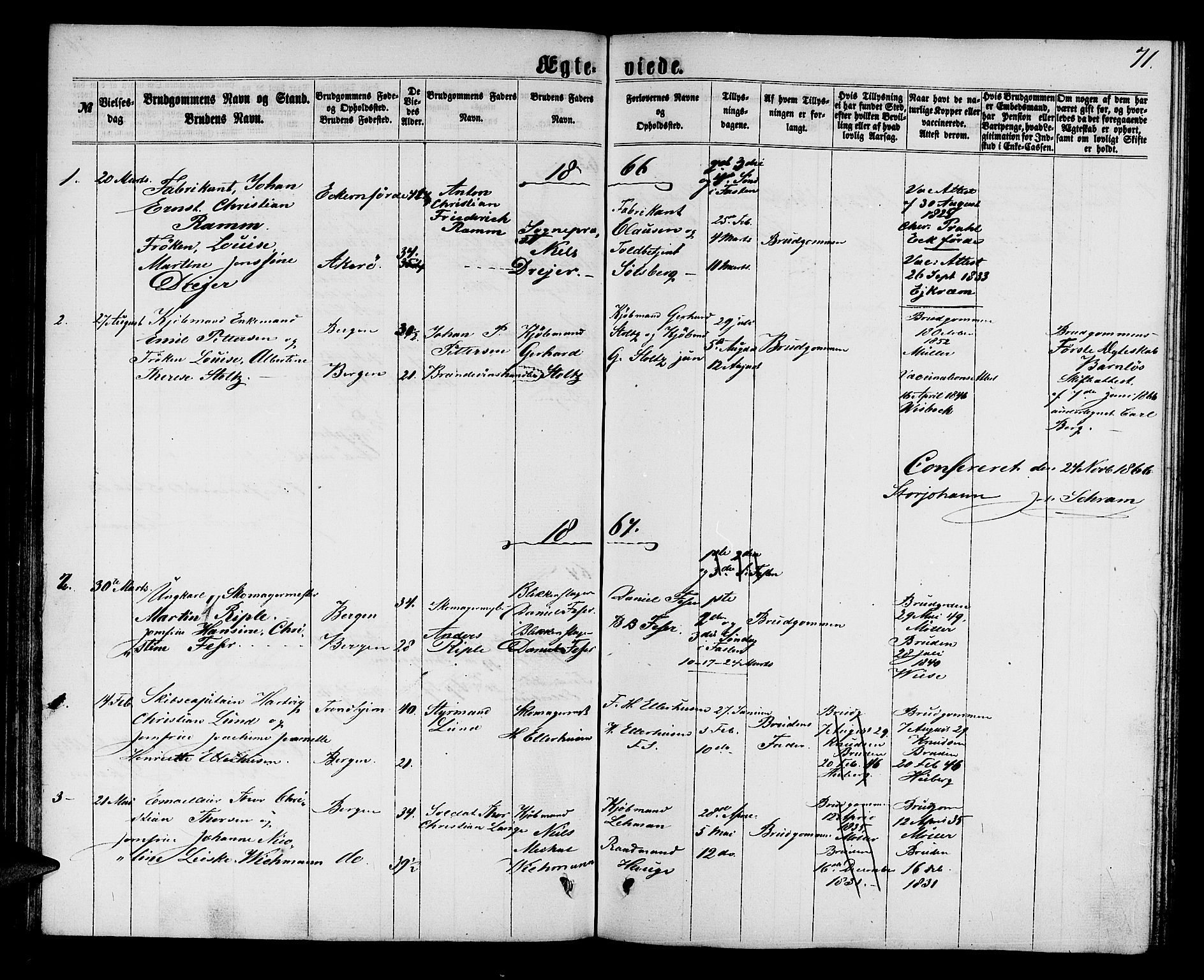 Mariakirken Sokneprestembete, SAB/A-76901/H/Hab/L0003: Parish register (copy) no. A 3, 1862-1877, p. 71