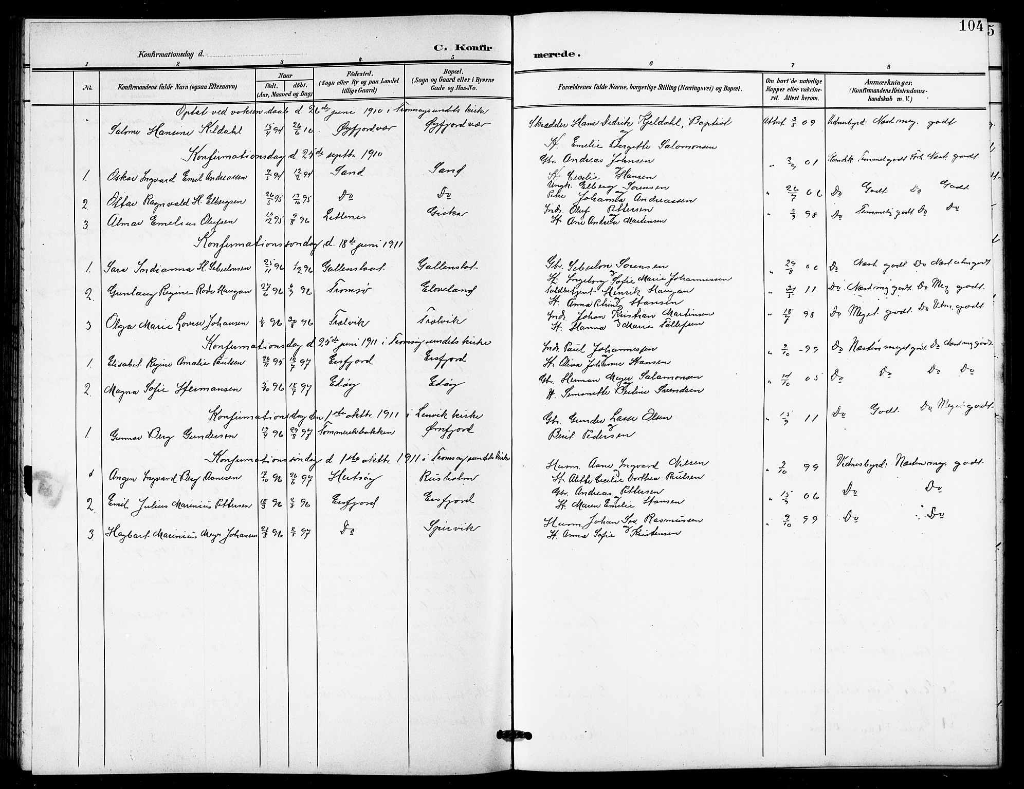 Lenvik sokneprestembete, SATØ/S-1310/H/Ha/Hab/L0022klokker: Parish register (copy) no. 22, 1901-1918, p. 104