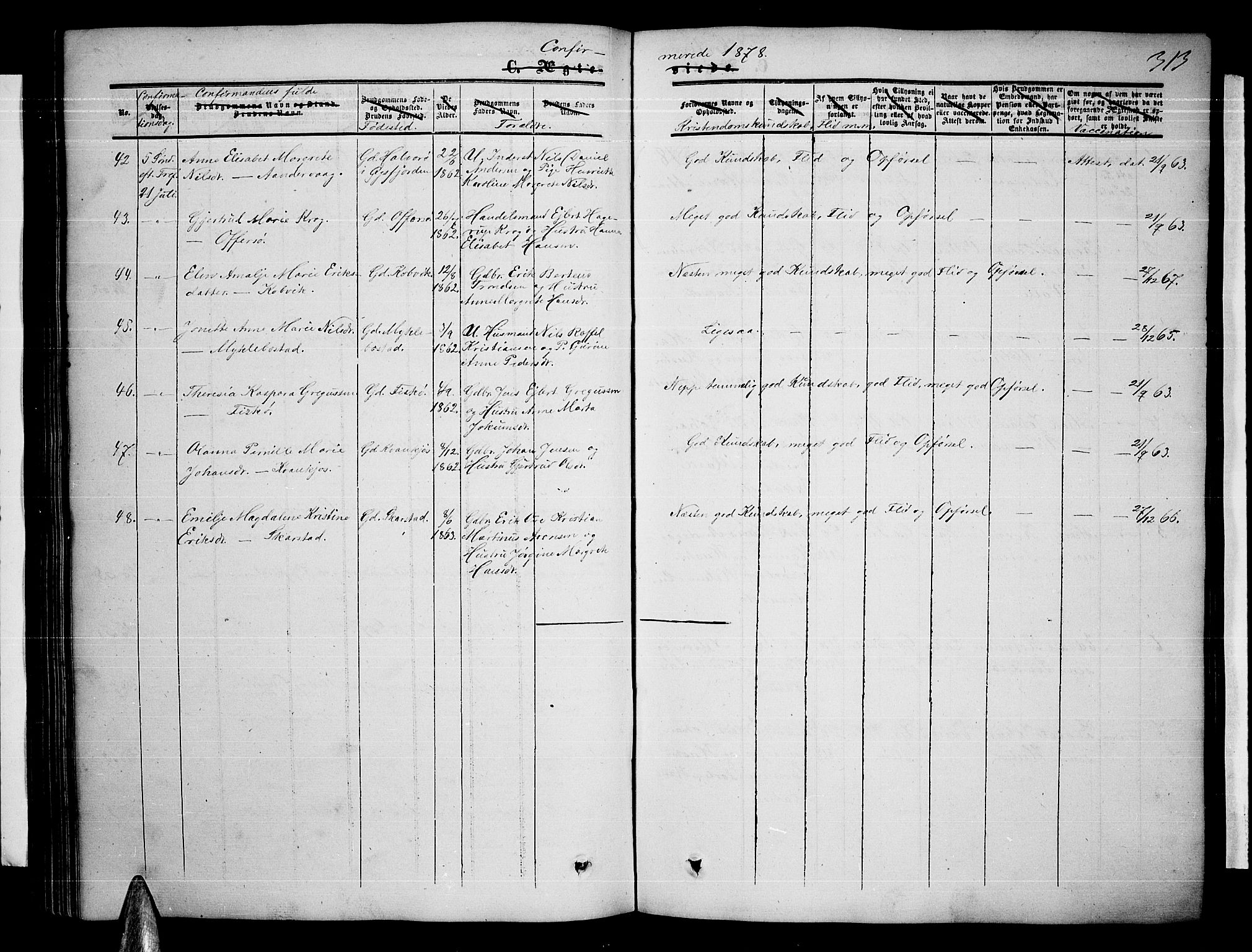 Ministerialprotokoller, klokkerbøker og fødselsregistre - Nordland, AV/SAT-A-1459/872/L1046: Parish register (copy) no. 872C02, 1852-1879, p. 313