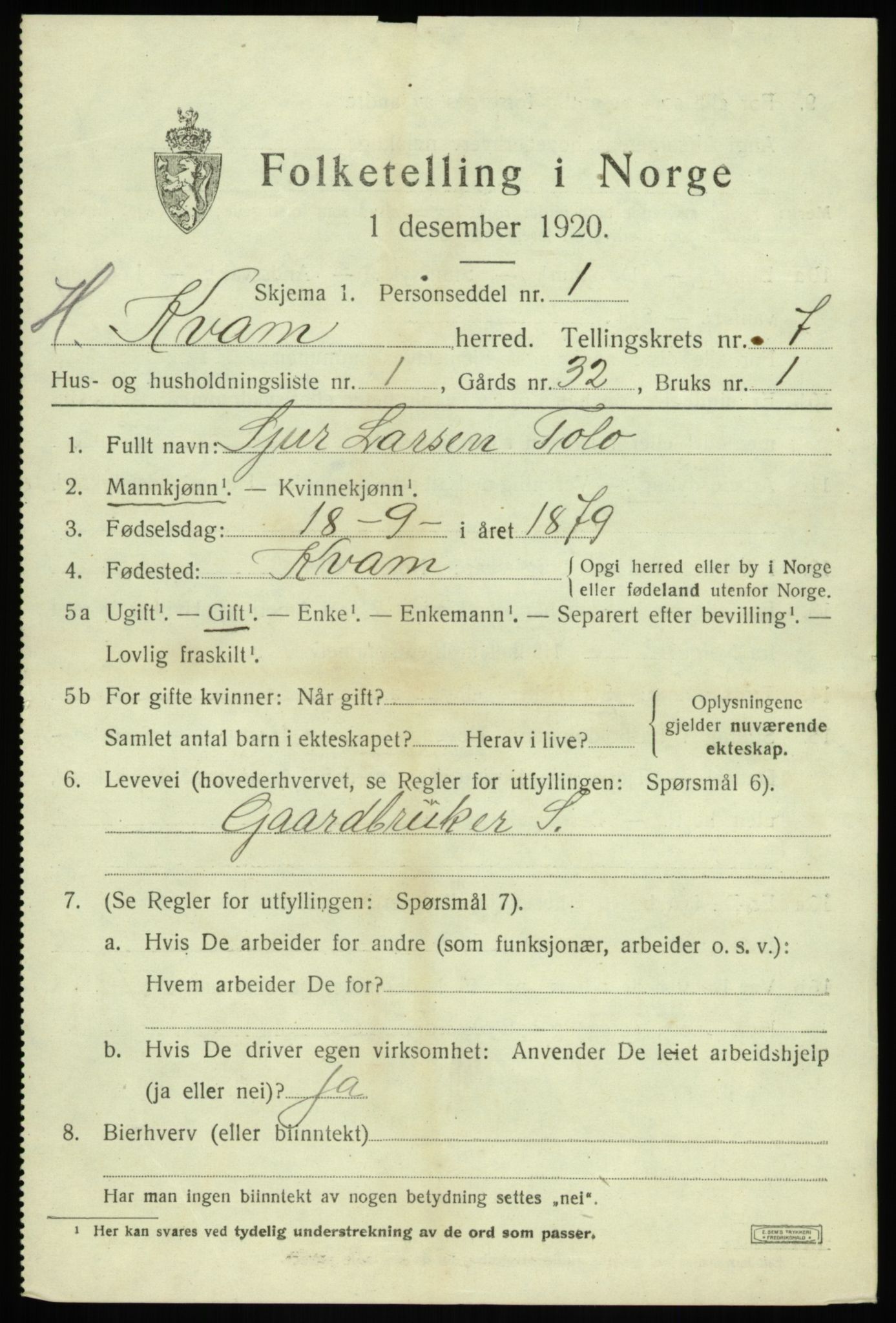 SAB, 1920 census for Kvam, 1920, p. 4733