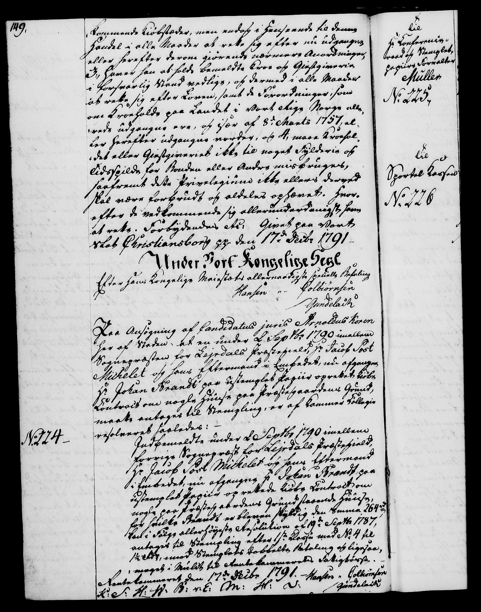 Rentekammeret, Kammerkanselliet, RA/EA-3111/G/Gg/Gga/L0015: Norsk ekspedisjonsprotokoll med register (merket RK 53.15), 1790-1791, p. 149