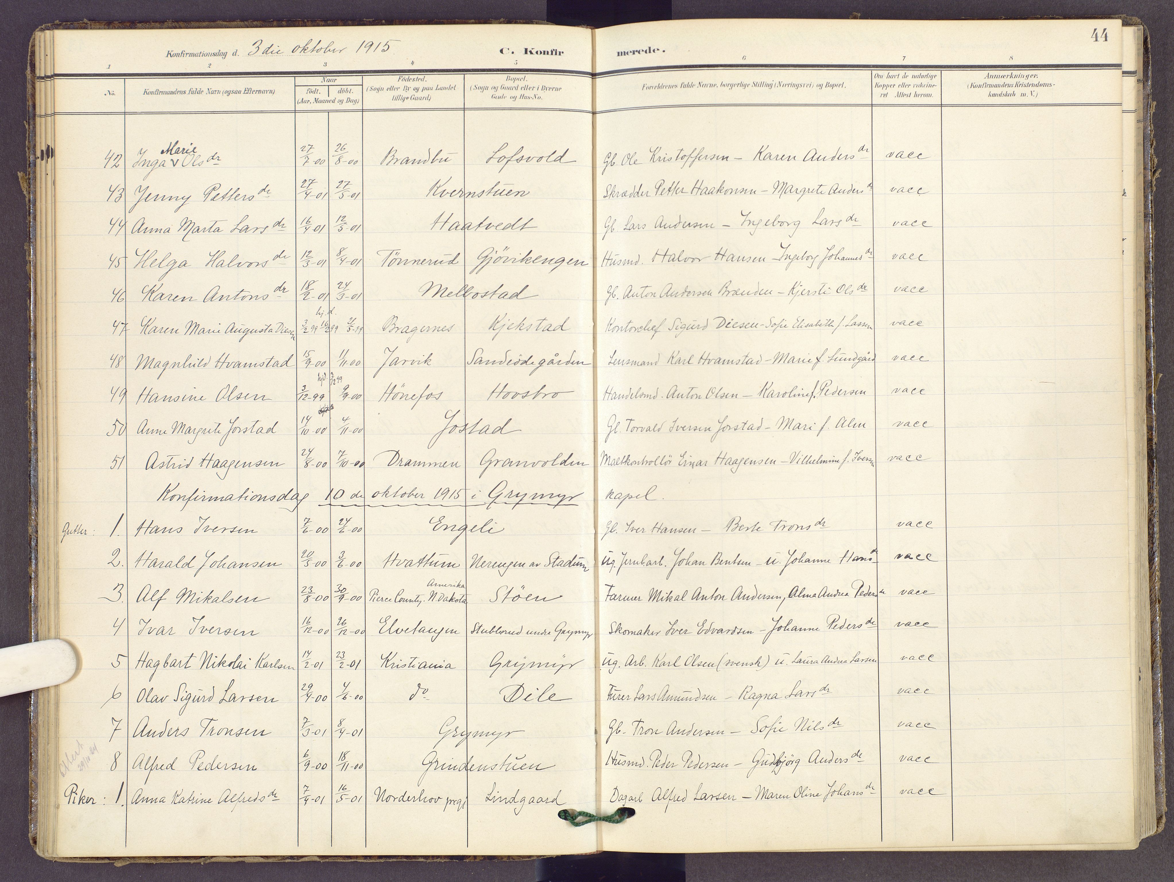 Gran prestekontor, SAH/PREST-112/H/Ha/Haa/L0022: Parish register (official) no. 22, 1908-1918, p. 44