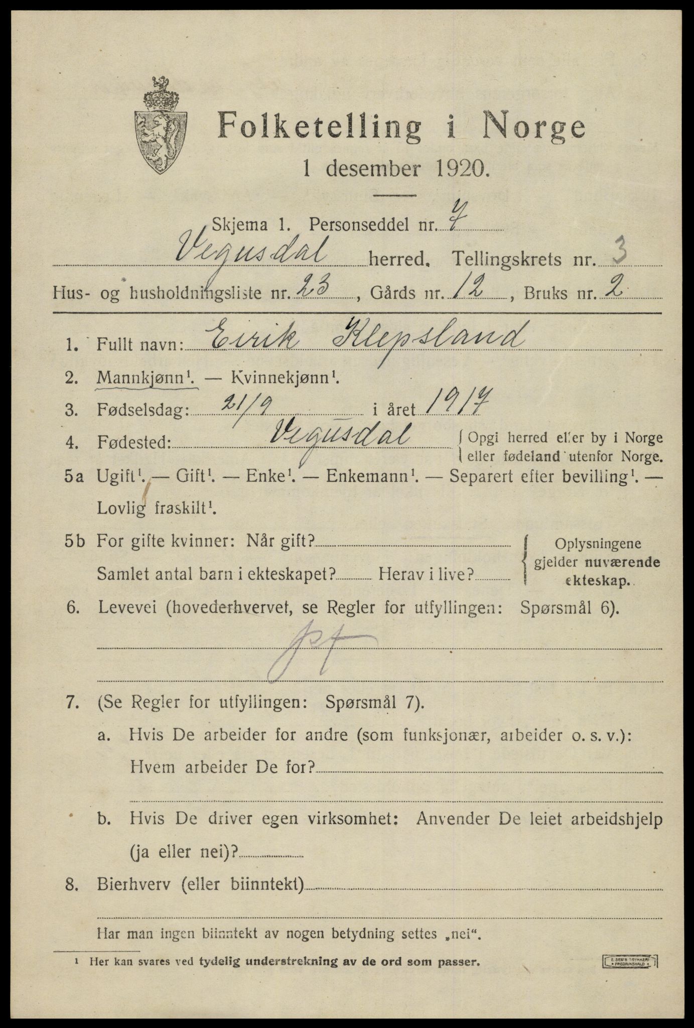 SAK, 1920 census for Vegusdal, 1920, p. 1057