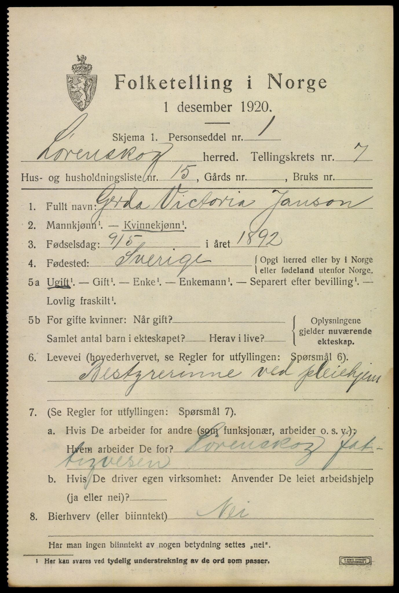 SAO, 1920 census for Lørenskog, 1920, p. 5954