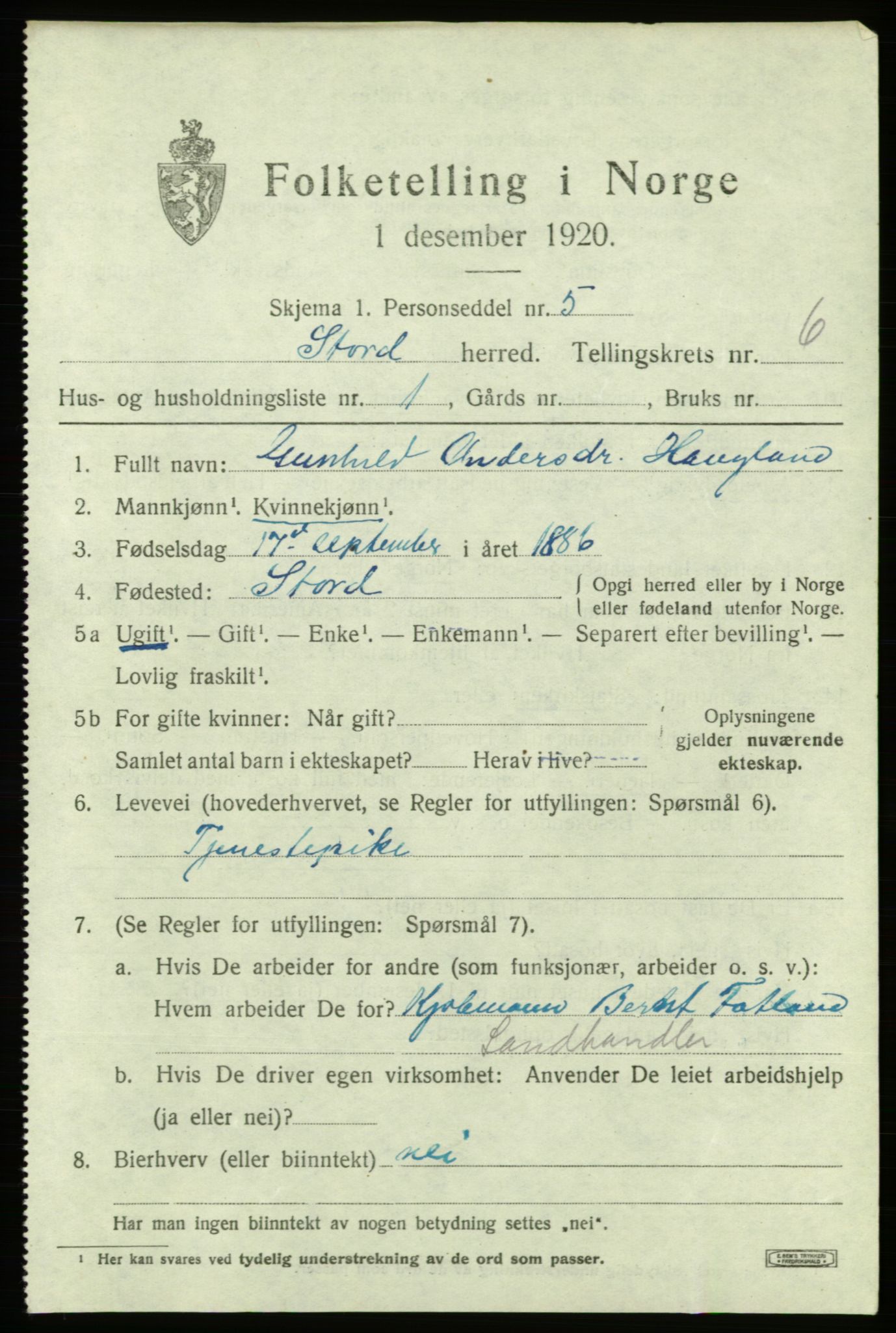 SAB, 1920 census for Stord, 1920, p. 2367