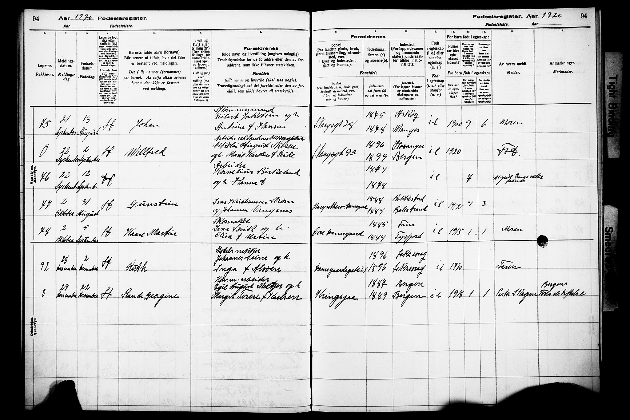 Laksevåg Sokneprestembete, AV/SAB-A-76501/I/Id/L00A1: Birth register no. A 1, 1916-1926, p. 94