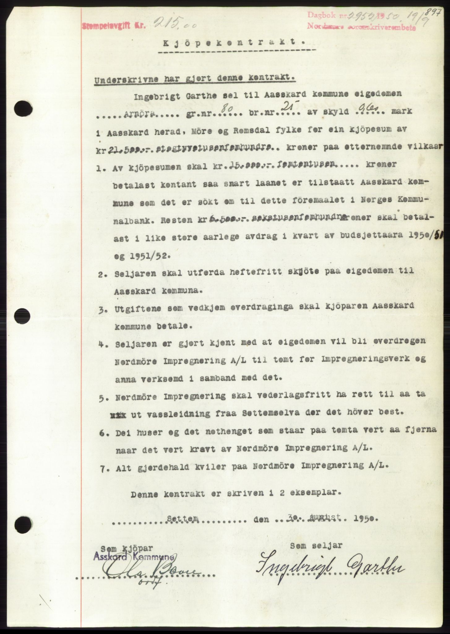 Nordmøre sorenskriveri, AV/SAT-A-4132/1/2/2Ca: Mortgage book no. B105, 1950-1950, Diary no: : 2952/1950