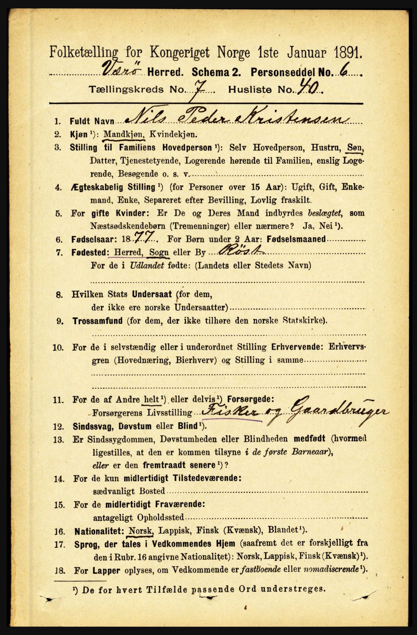 RA, 1891 census for 1857 Værøy, 1891, p. 1016