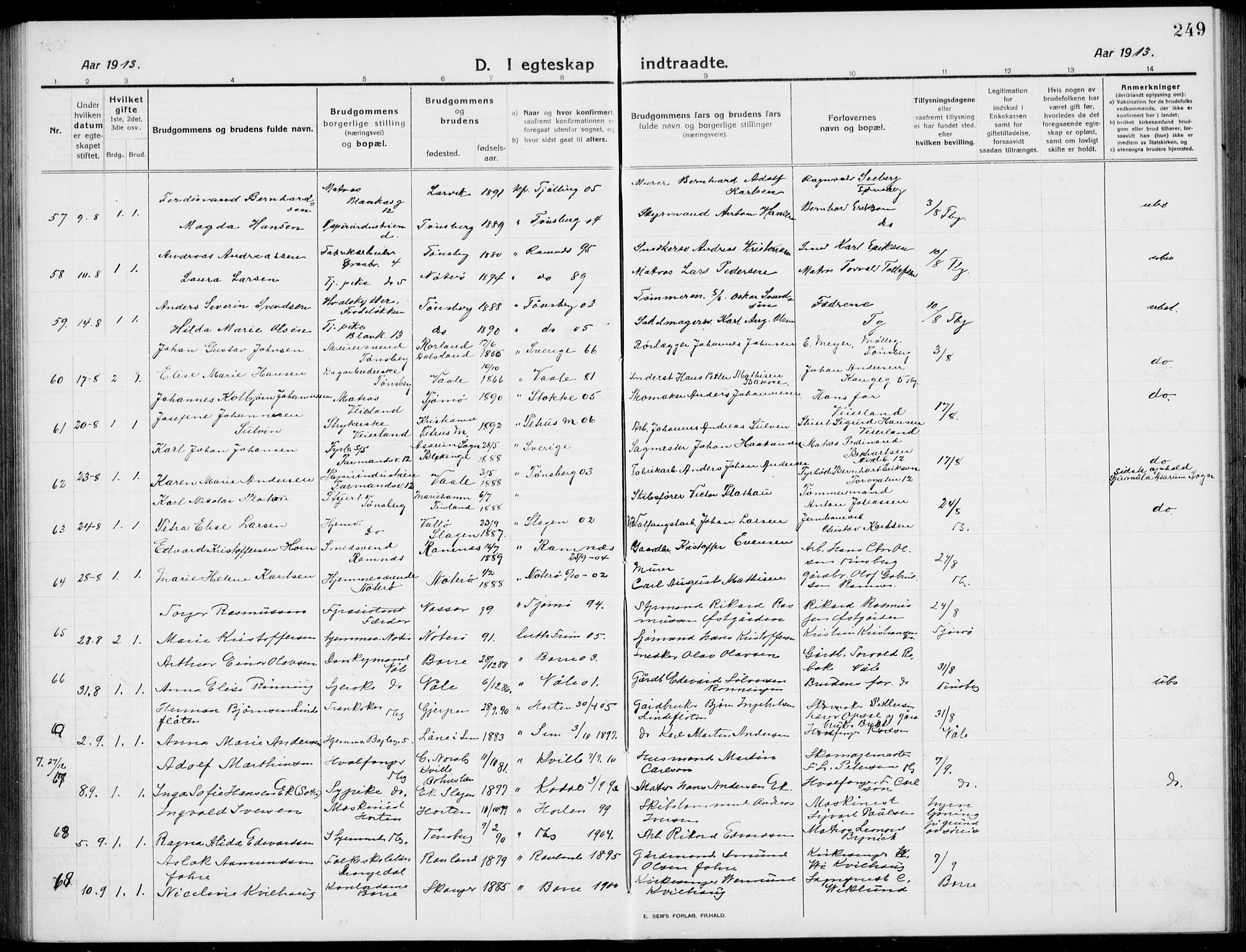 Tønsberg kirkebøker, AV/SAKO-A-330/G/Ga/L0009: Parish register (copy) no. 9, 1913-1920, p. 249