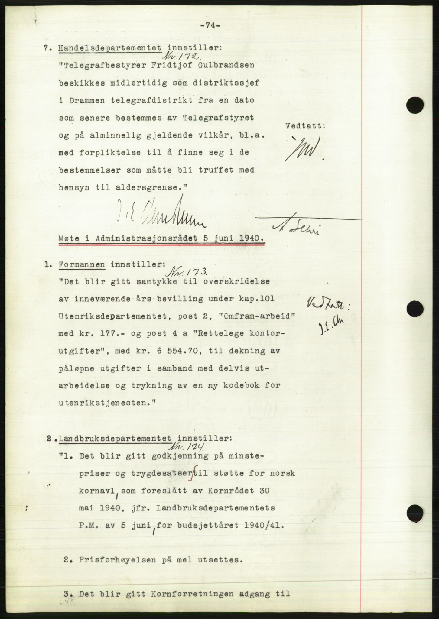 Administrasjonsrådet, AV/RA-S-1004/A/L0002: Vedtaksprotokoll 16/4-25/9, 1940, p. 78