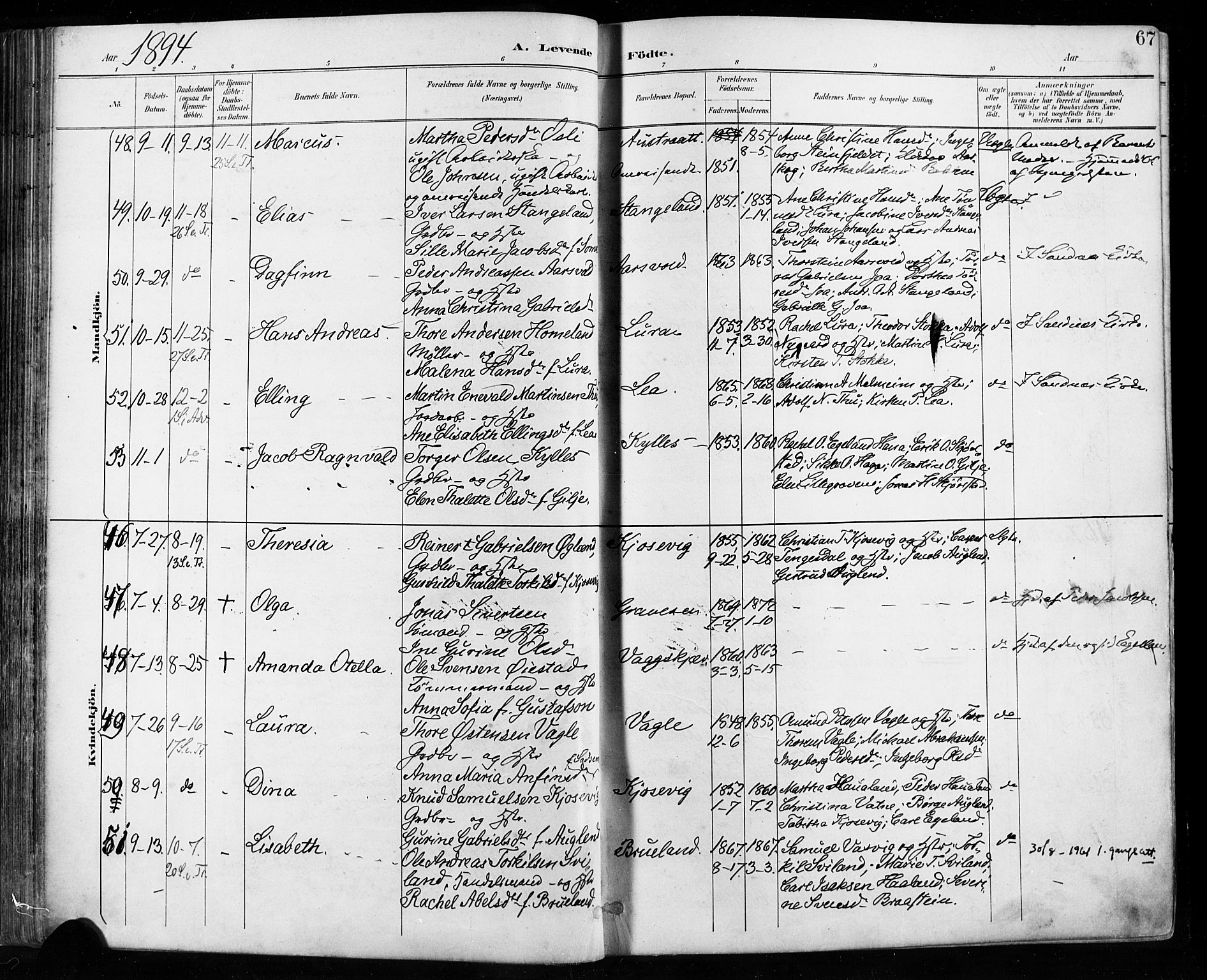 Høyland sokneprestkontor, AV/SAST-A-101799/001/30BA/L0013: Parish register (official) no. A 13.1, 1889-1898, p. 67