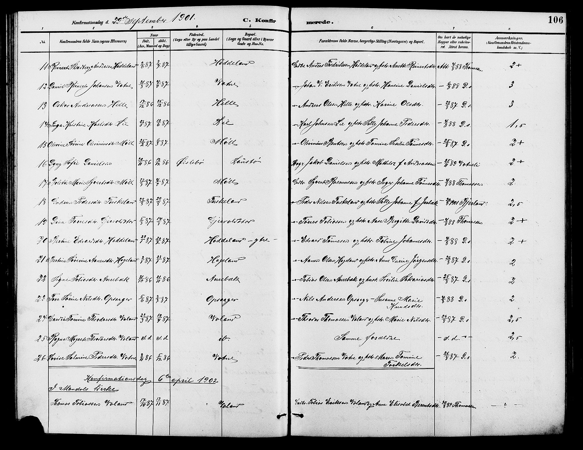 Holum sokneprestkontor, SAK/1111-0022/F/Fb/Fba/L0005: Parish register (copy) no. B 5, 1891-1909, p. 106