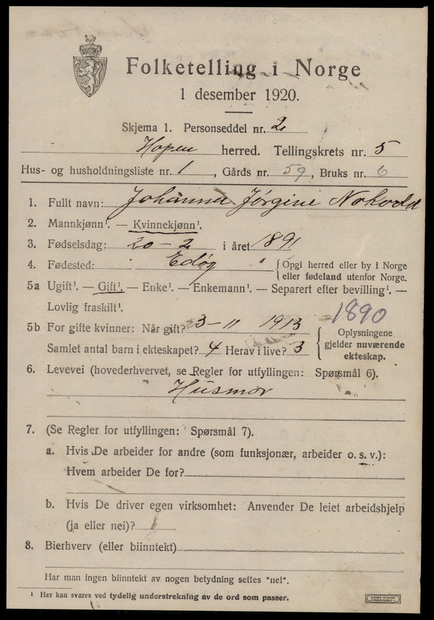 SAT, 1920 census for Hopen, 1920, p. 2354