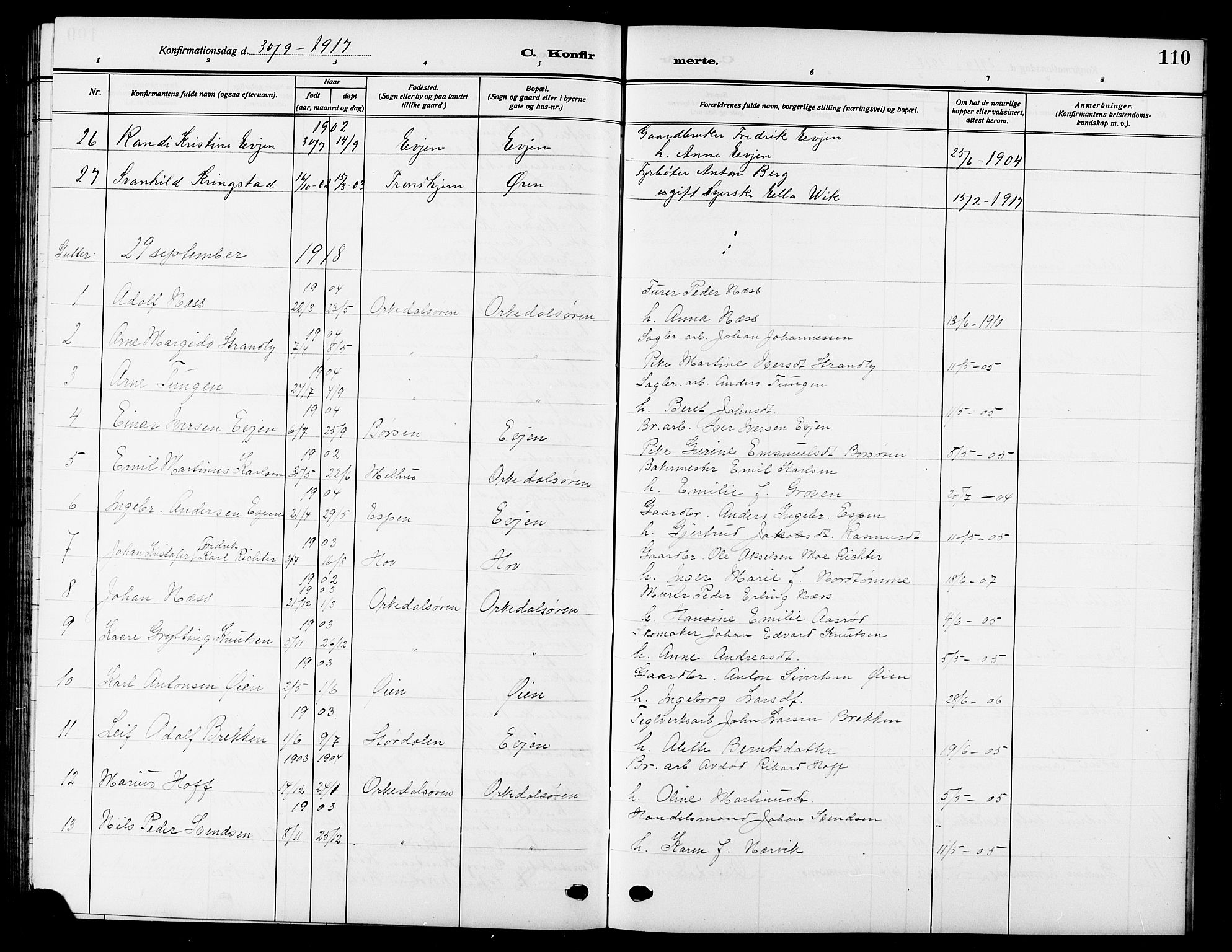 Ministerialprotokoller, klokkerbøker og fødselsregistre - Sør-Trøndelag, SAT/A-1456/669/L0831: Parish register (copy) no. 669C01, 1909-1924, p. 110