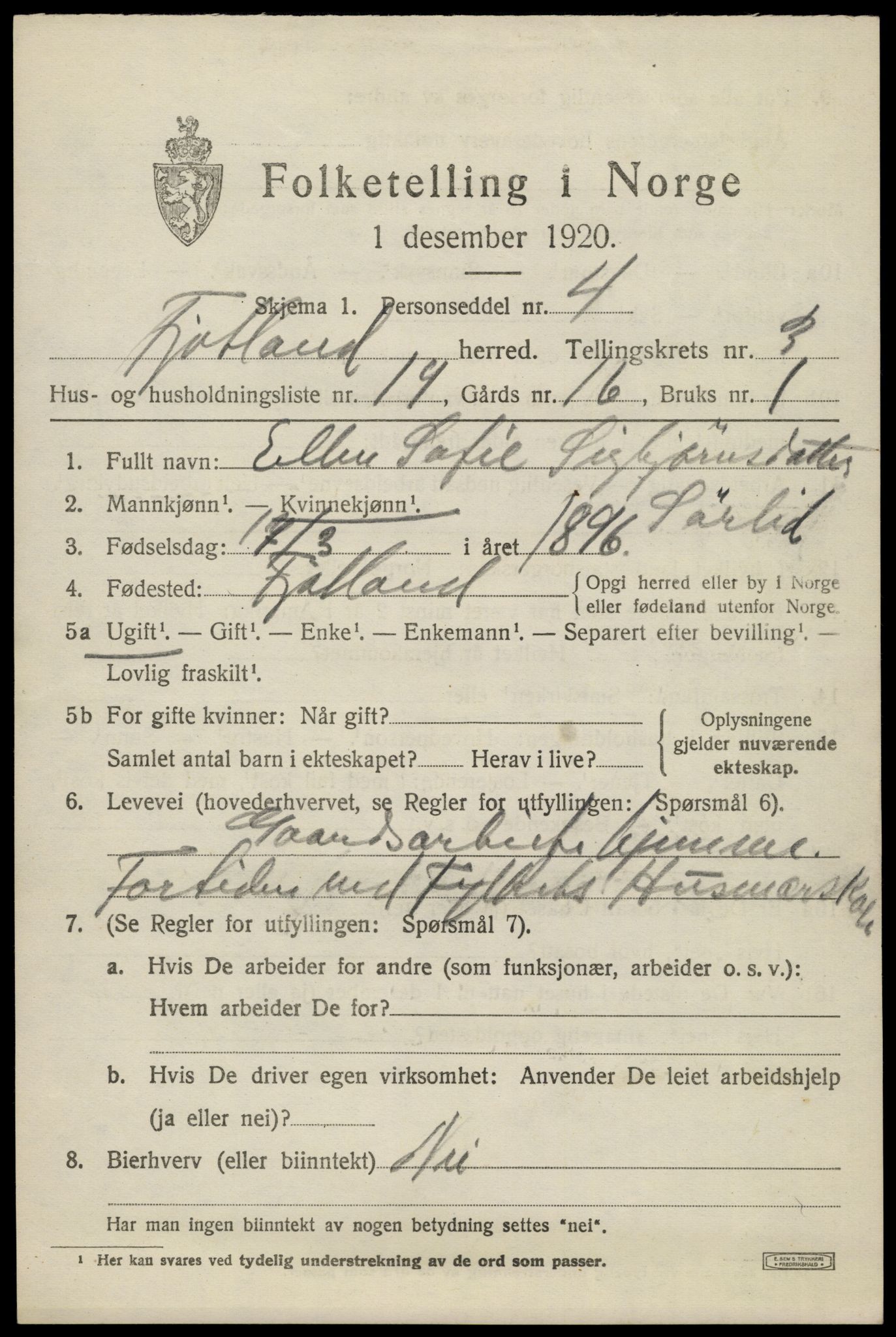 SAK, 1920 census for Fjotland, 1920, p. 1186