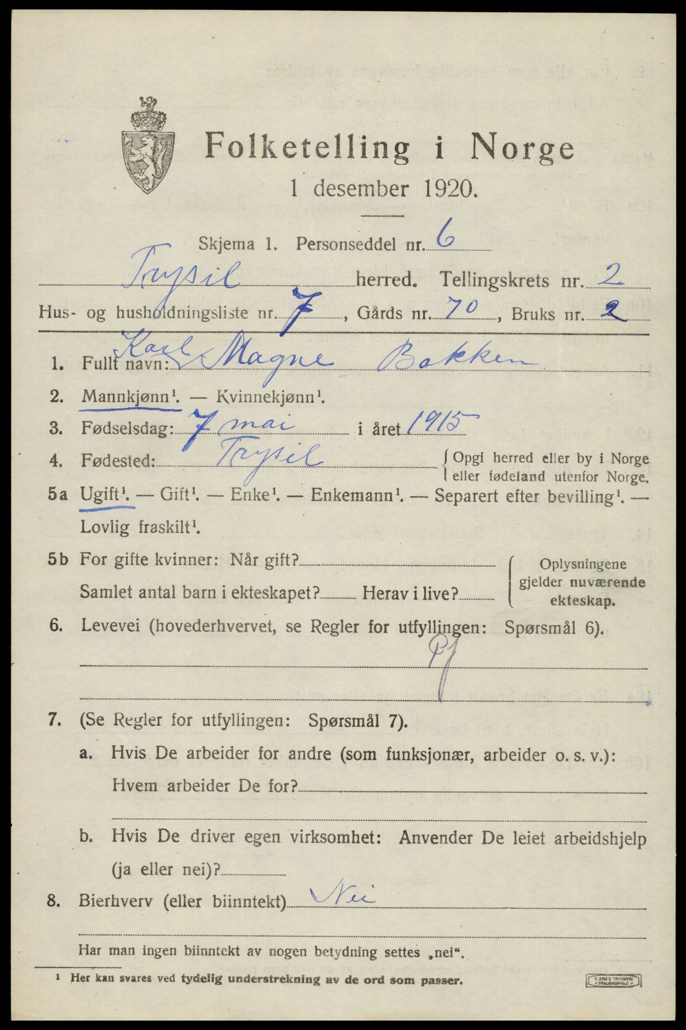 SAH, 1920 census for Trysil, 1920, p. 3163