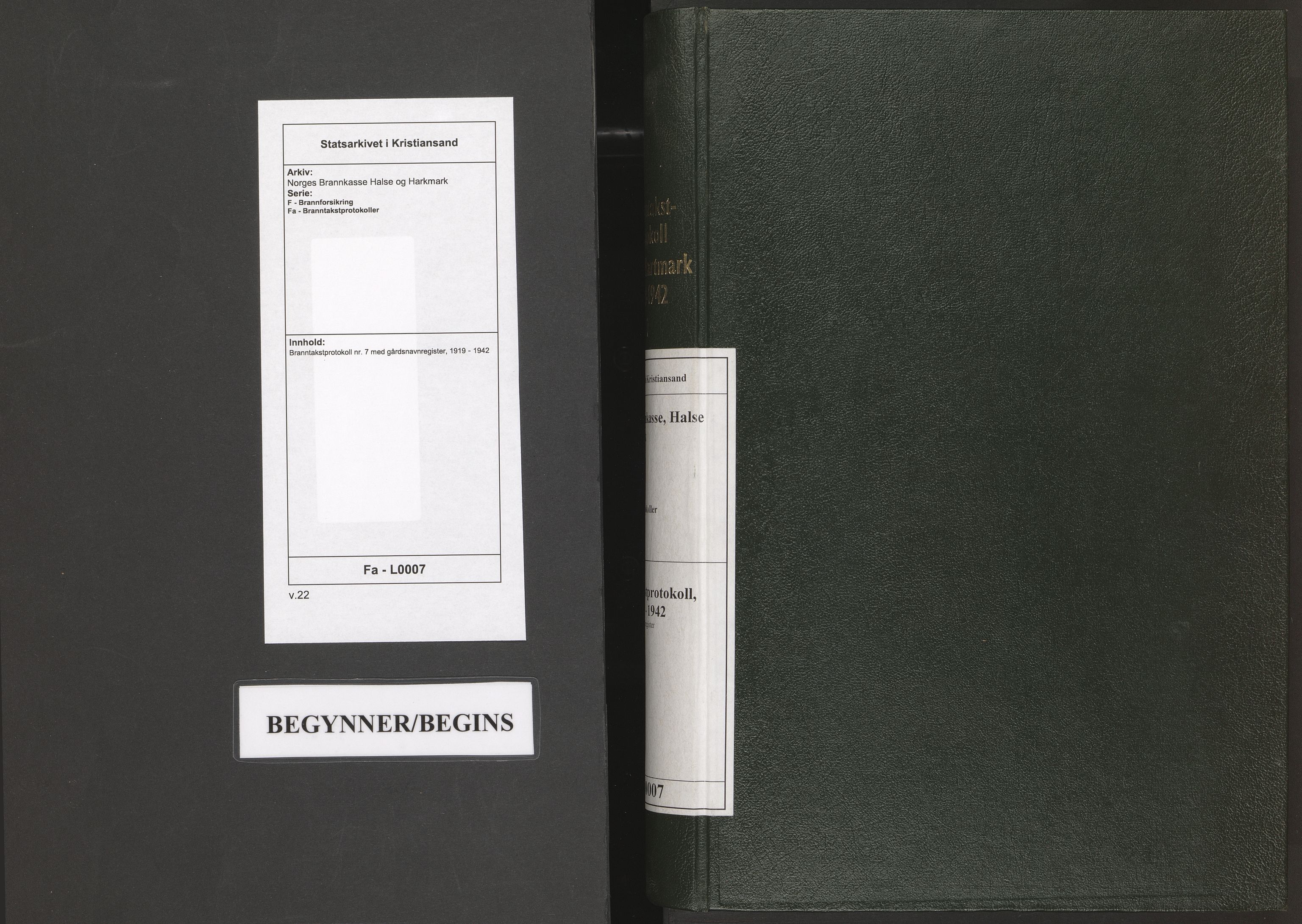 Norges Brannkasse Halse og Harkmark, AV/SAK-2241-0020/F/Fa/L0007: Branntakstprotokoll nr. 7 med gårdsnavnregister, 1919-1942