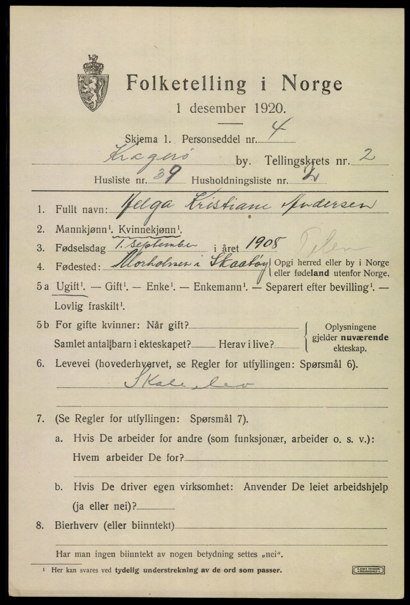 SAKO, 1920 census for Kragerø, 1920, p. 5821