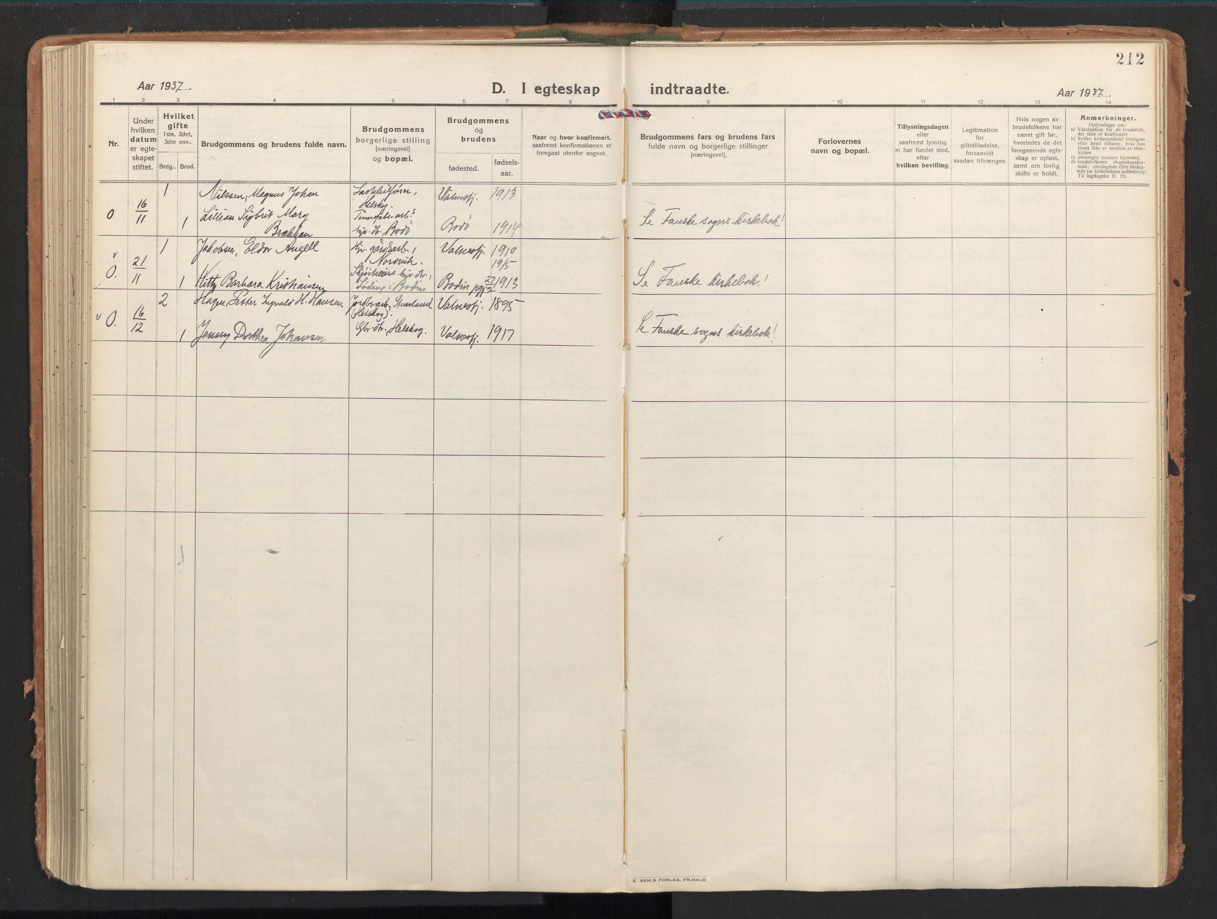 Ministerialprotokoller, klokkerbøker og fødselsregistre - Nordland, AV/SAT-A-1459/851/L0725: Parish register (official) no. 851A02, 1922-1944, p. 212