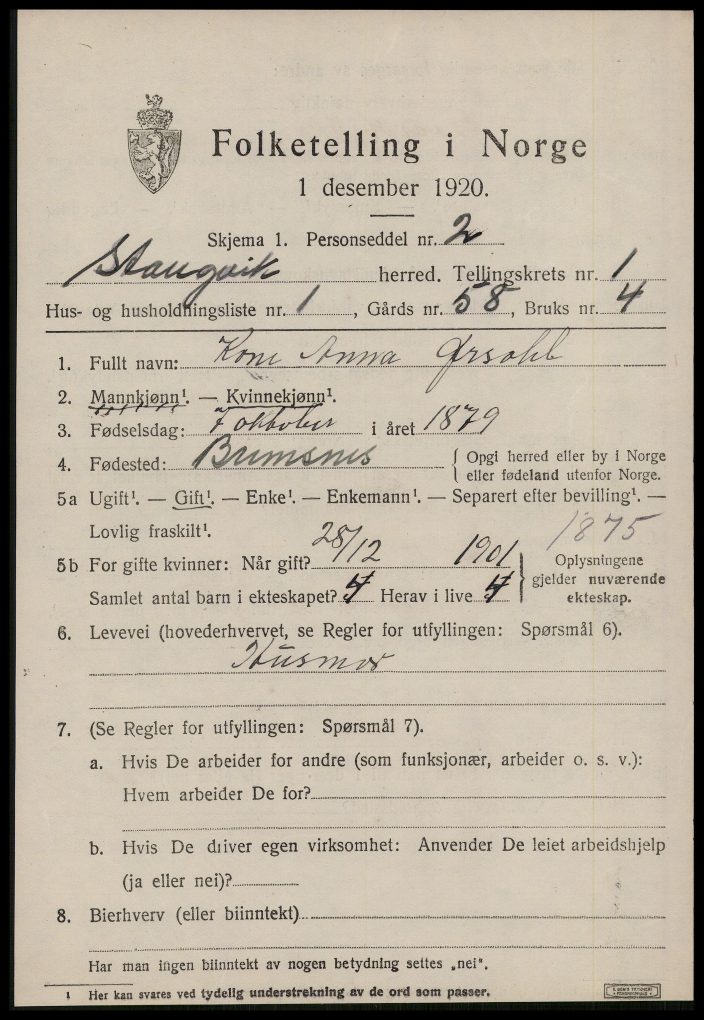 SAT, 1920 census for Stangvik, 1920, p. 770