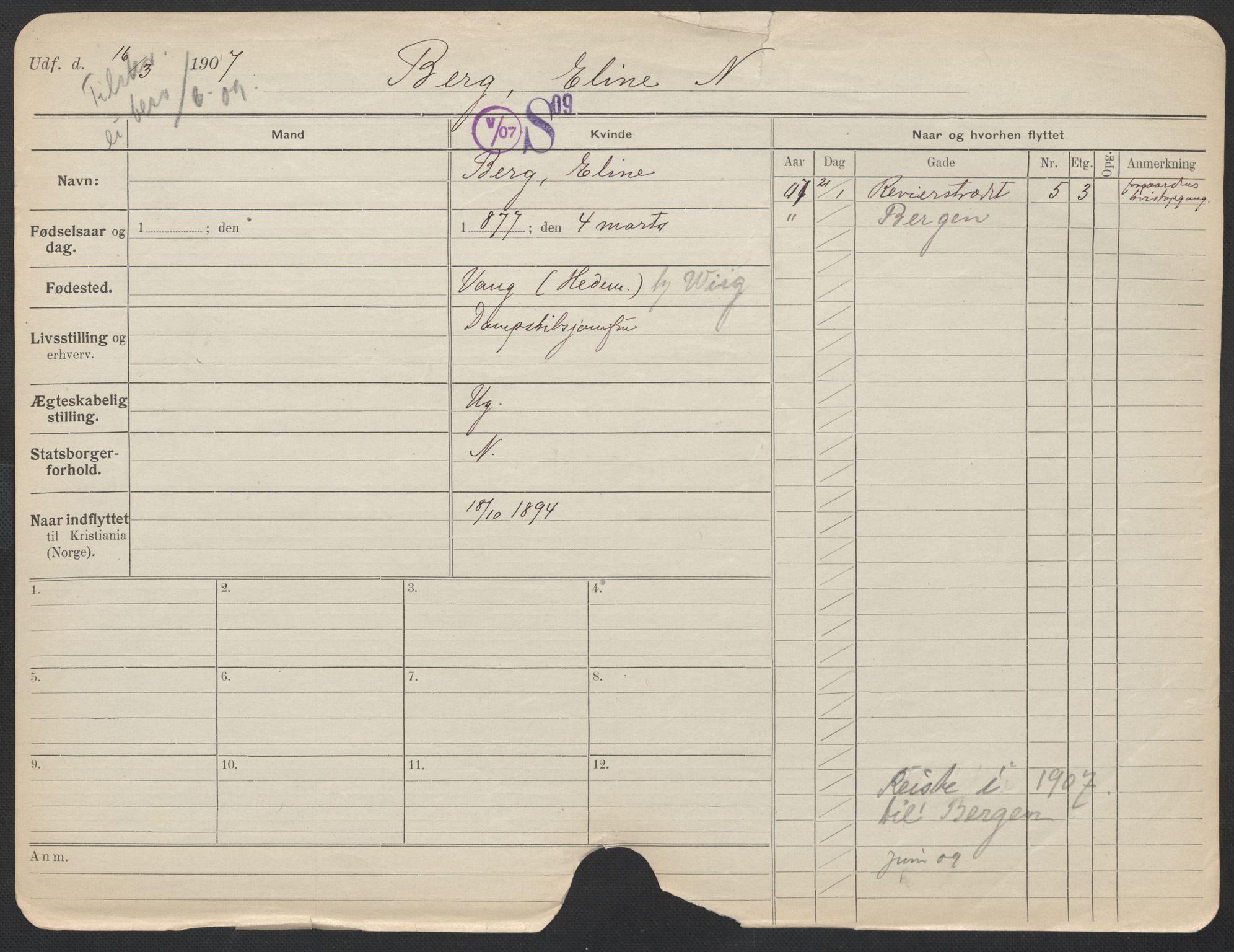 Oslo folkeregister, Registerkort, SAO/A-11715/F/Fa/Fac/L0013: Kvinner, 1906-1914, p. 101a