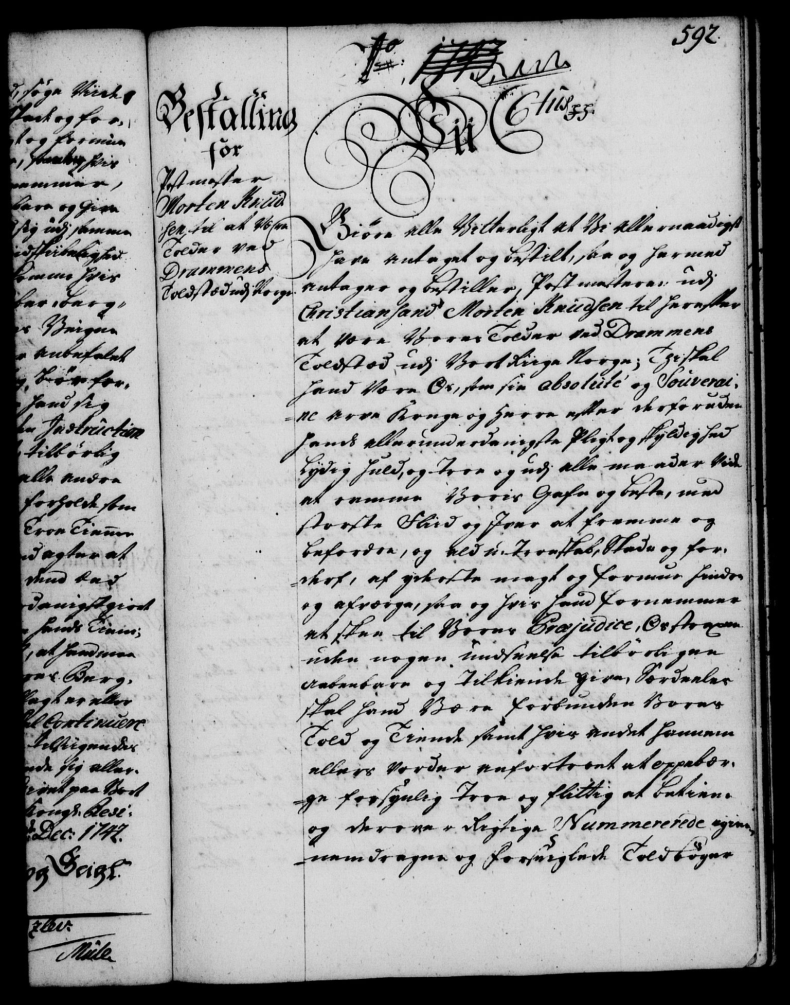 Rentekammeret, Kammerkanselliet, RA/EA-3111/G/Gg/Gge/L0002: Norsk bestallingsprotokoll med register (merket RK 53.26), 1730-1744, p. 592