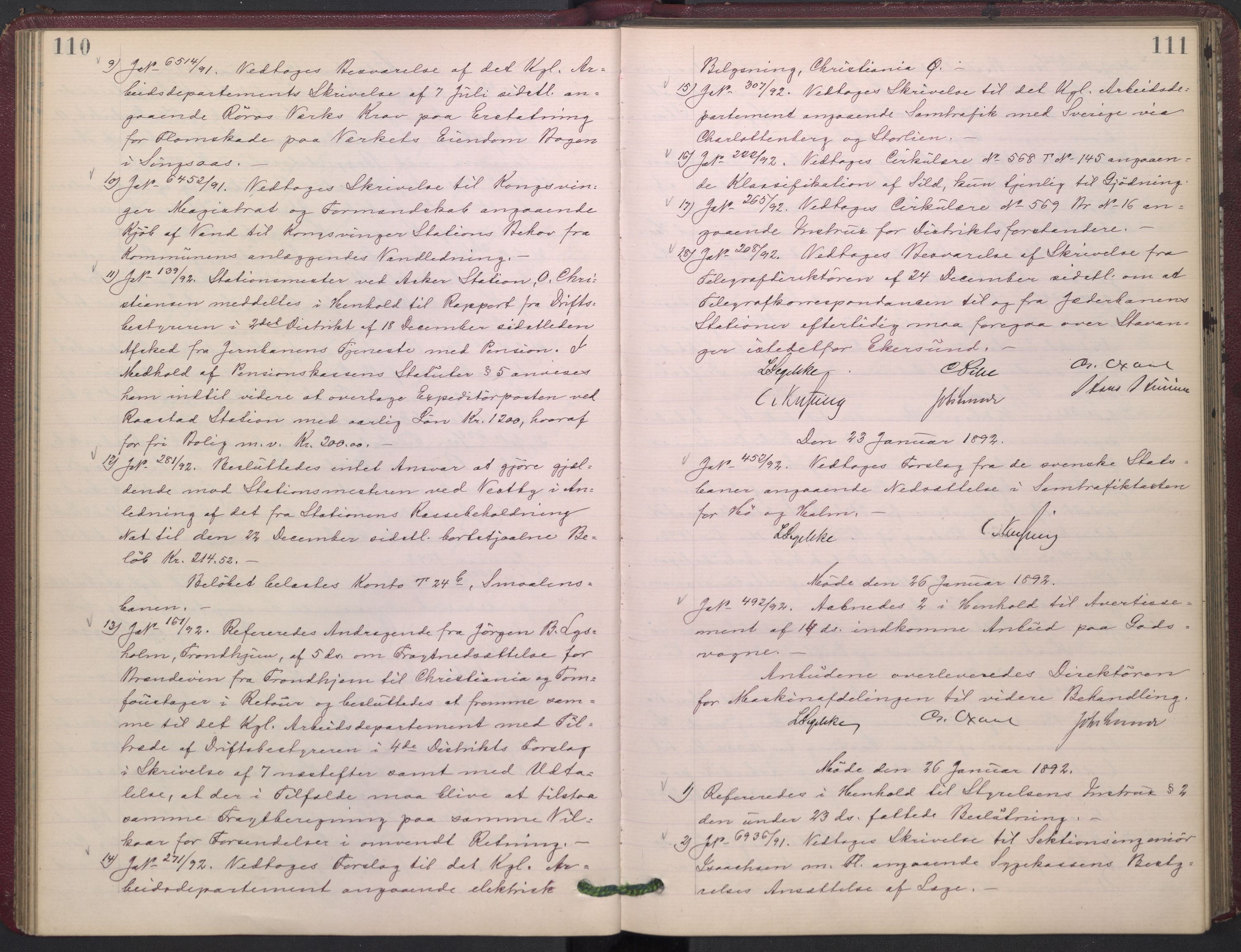 Norges statsbaner, Administrasjons- økonomi- og personalavdelingen, RA/S-3412/A/Aa/L0002: Forhandlingsprotokoll, 1891-1893, p. 110-111