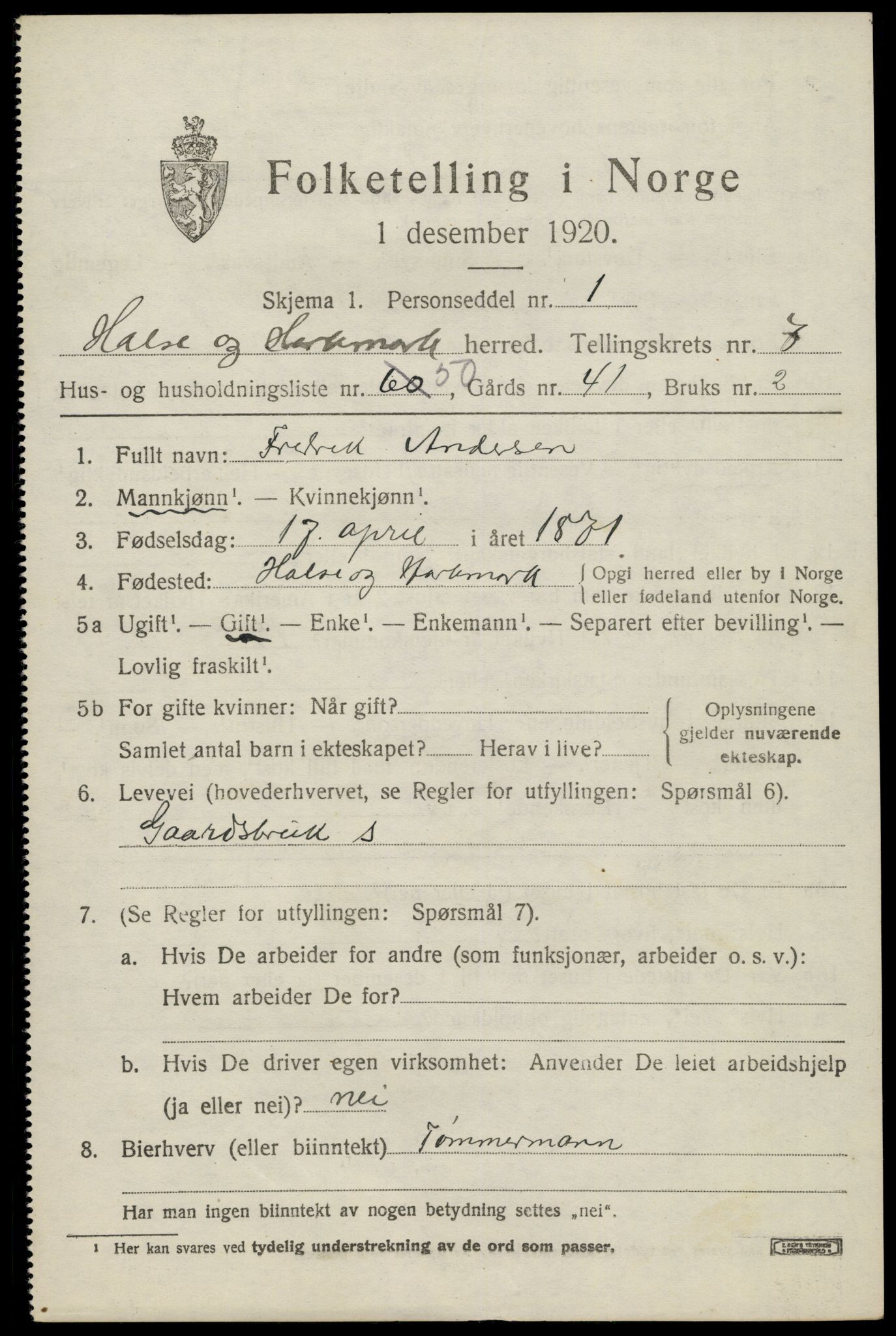 SAK, 1920 census for Halse og Harkmark, 1920, p. 4219
