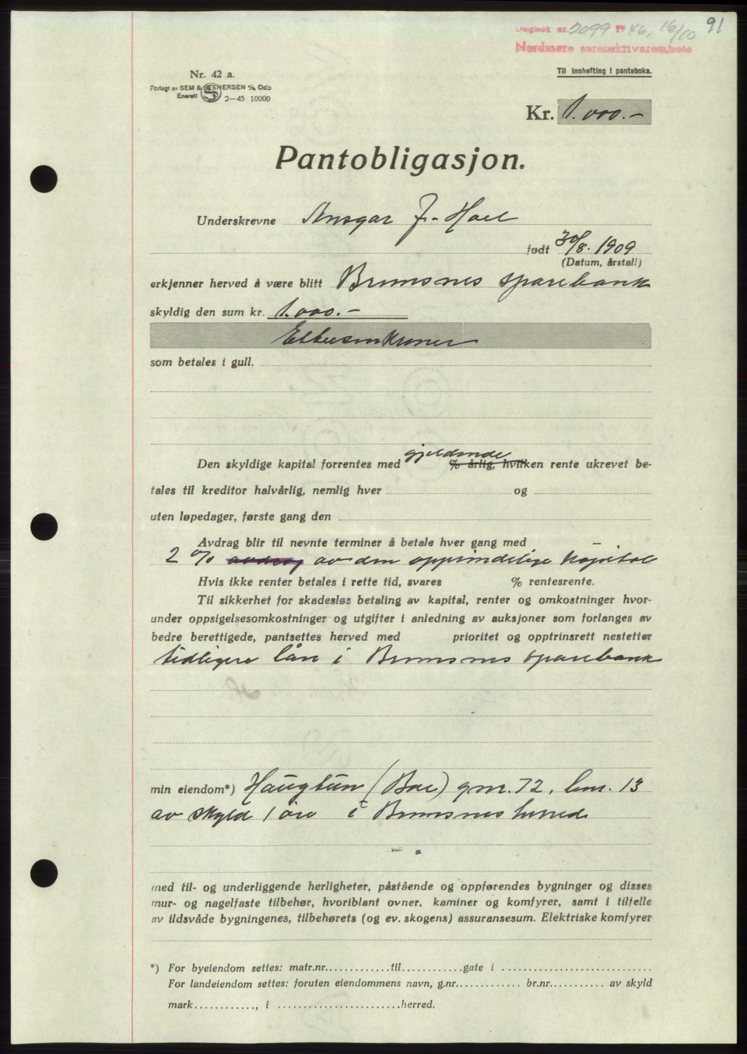 Nordmøre sorenskriveri, AV/SAT-A-4132/1/2/2Ca: Mortgage book no. B95, 1946-1947, Diary no: : 2099/1946