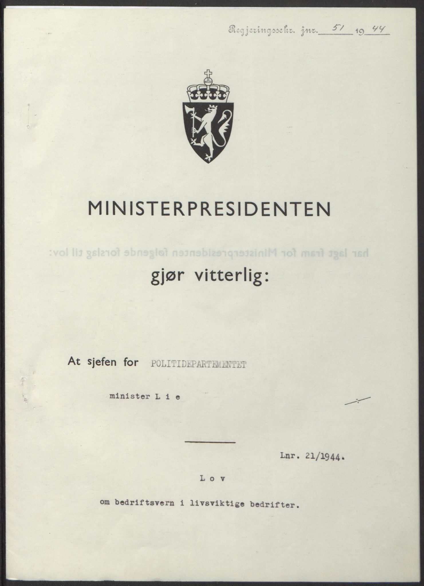 NS-administrasjonen 1940-1945 (Statsrådsekretariatet, de kommisariske statsråder mm), RA/S-4279/D/Db/L0100: Lover, 1944, p. 94