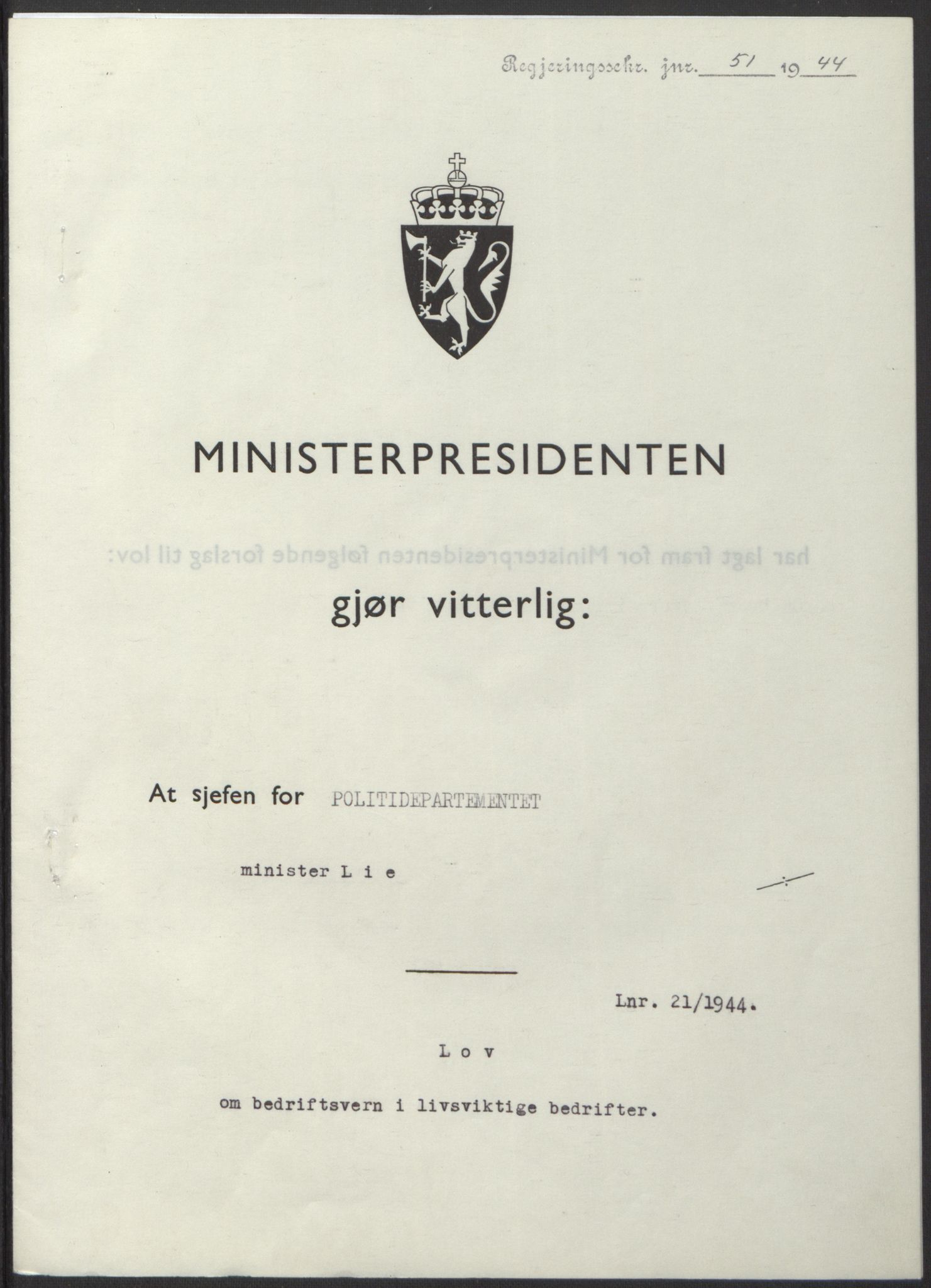 NS-administrasjonen 1940-1945 (Statsrådsekretariatet, de kommisariske statsråder mm), AV/RA-S-4279/D/Db/L0100: Lover, 1944, p. 94