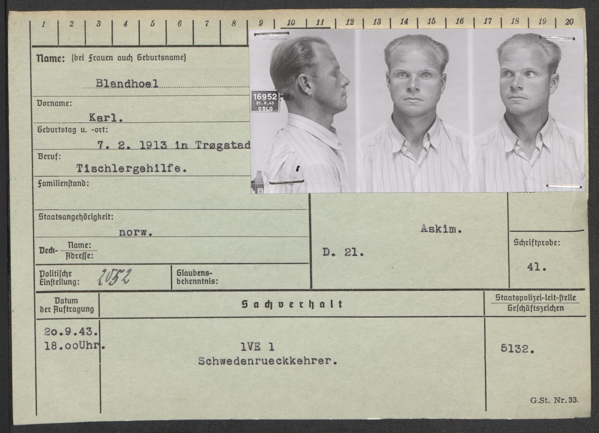 Befehlshaber der Sicherheitspolizei und des SD, AV/RA-RAFA-5969/E/Ea/Eaa/L0002: Register over norske fanger i Møllergata 19: Bj-Eng, 1940-1945, p. 6