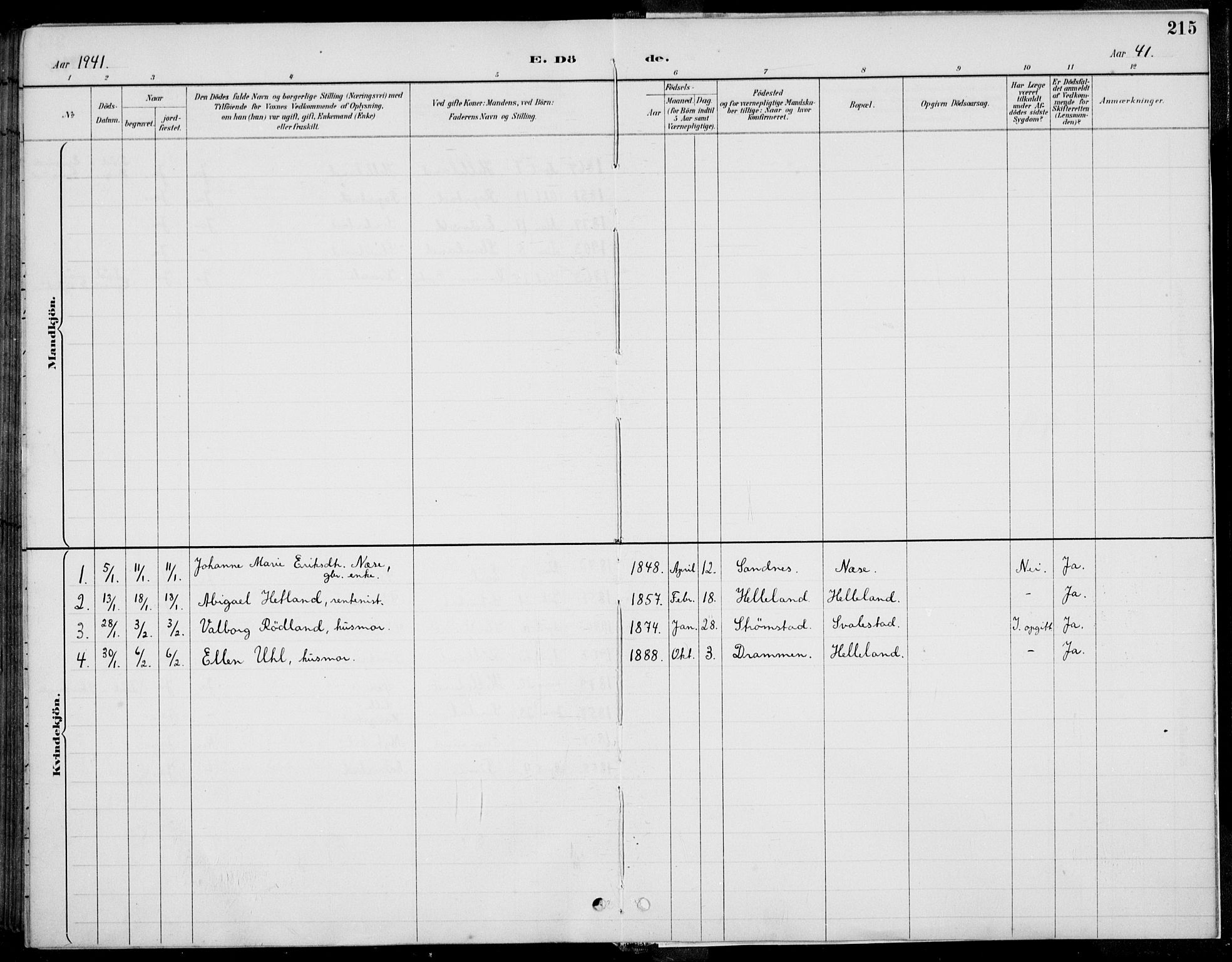 Helleland sokneprestkontor, AV/SAST-A-101810: Parish register (copy) no. B 4, 1887-1941, p. 215