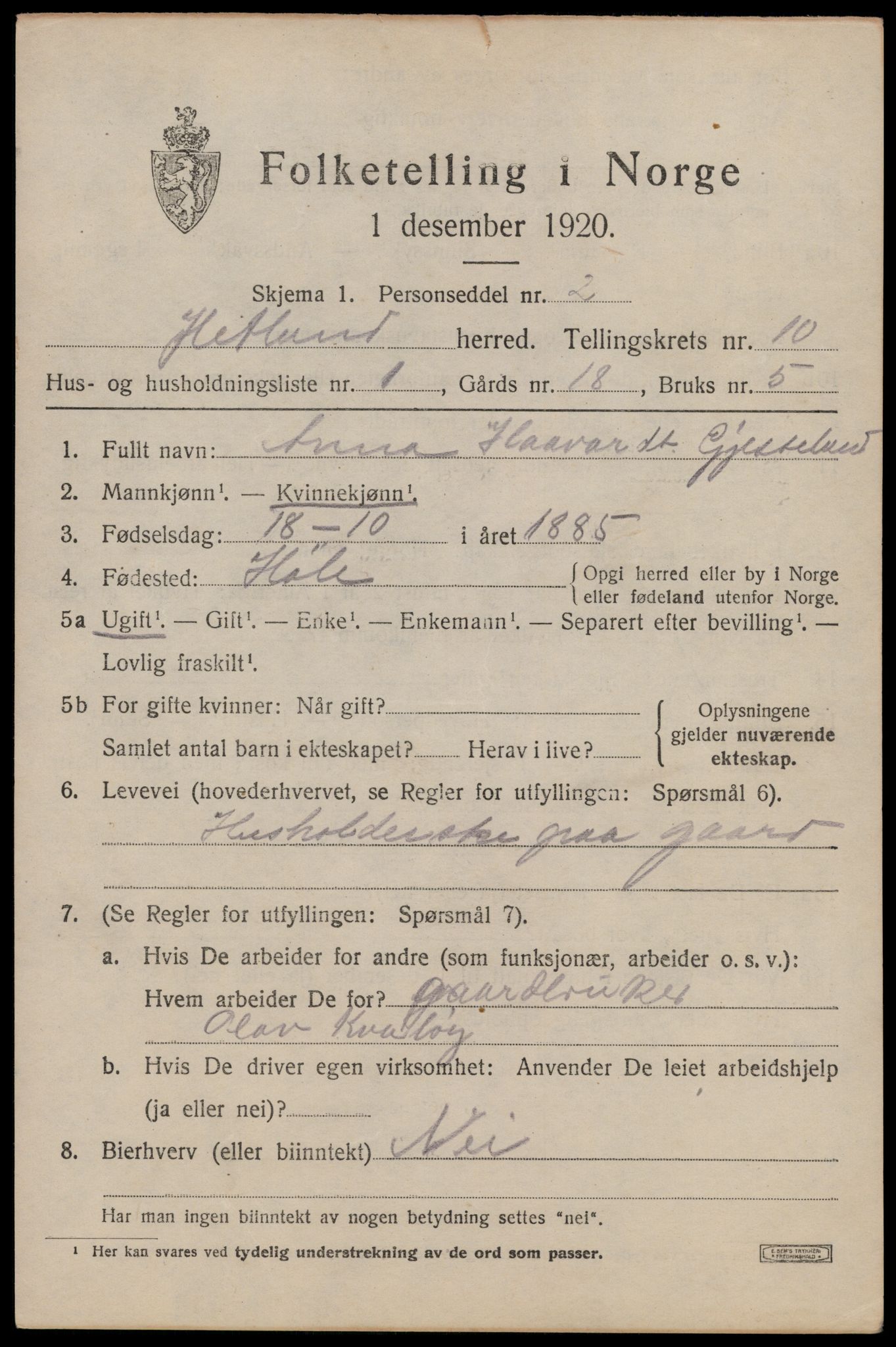 SAST, 1920 census for Hetland, 1920, p. 18909