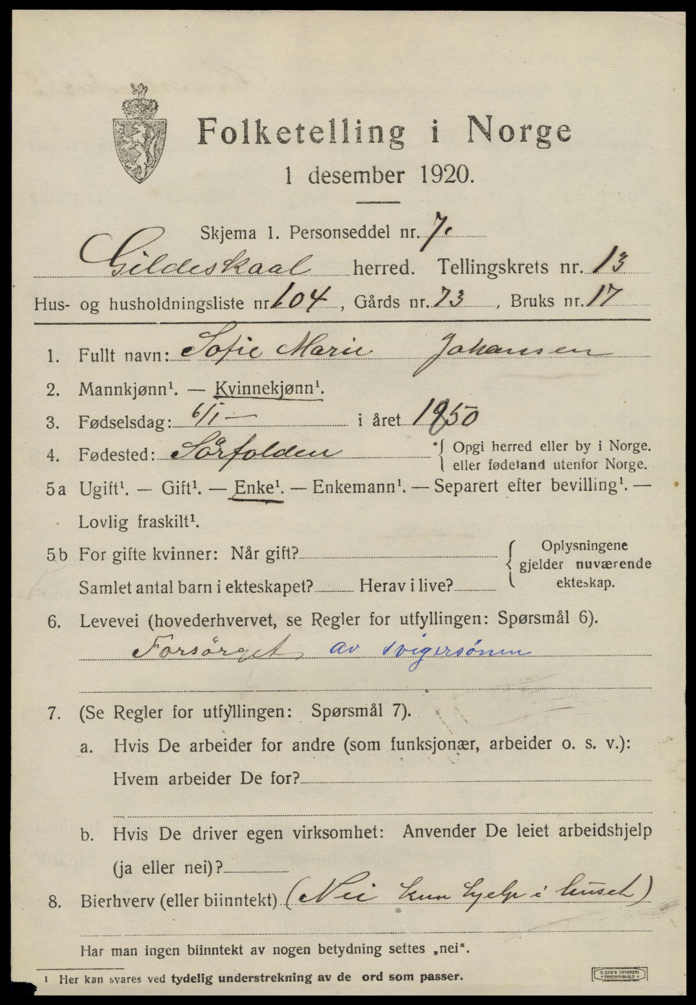 SAT, 1920 census for Gildeskål, 1920, p. 8934