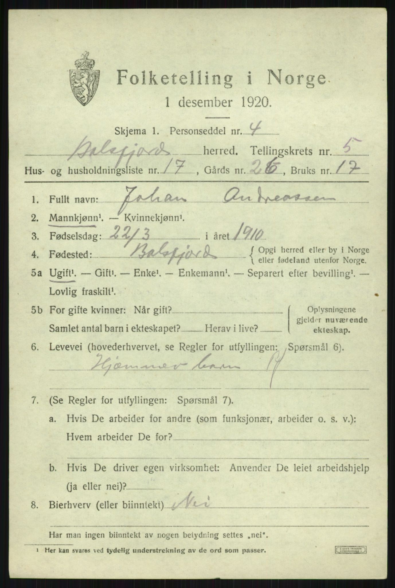 SATØ, 1920 census for Balsfjord, 1920, p. 3316